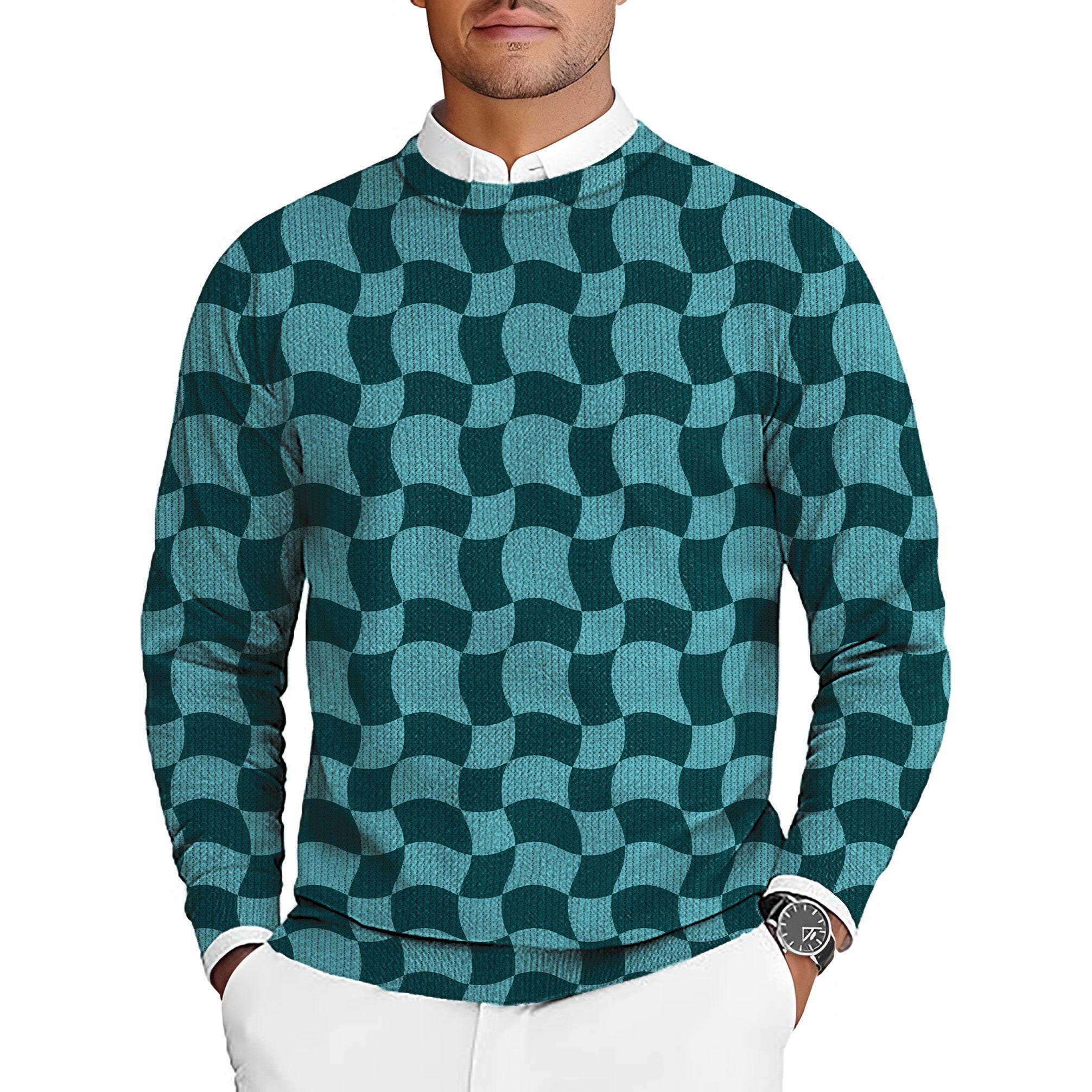 Wavy SquareTanjirou men's crewneck pullover sweater with teal wavy square pattern