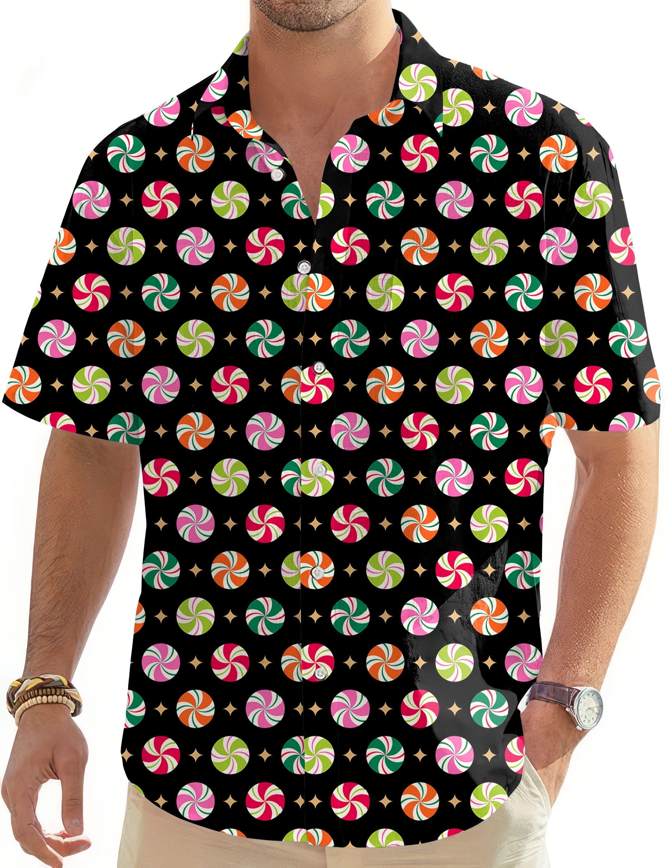 Christmas Candy Men's Golf Hawaiian shirt with colorful candy pattern and button-down design