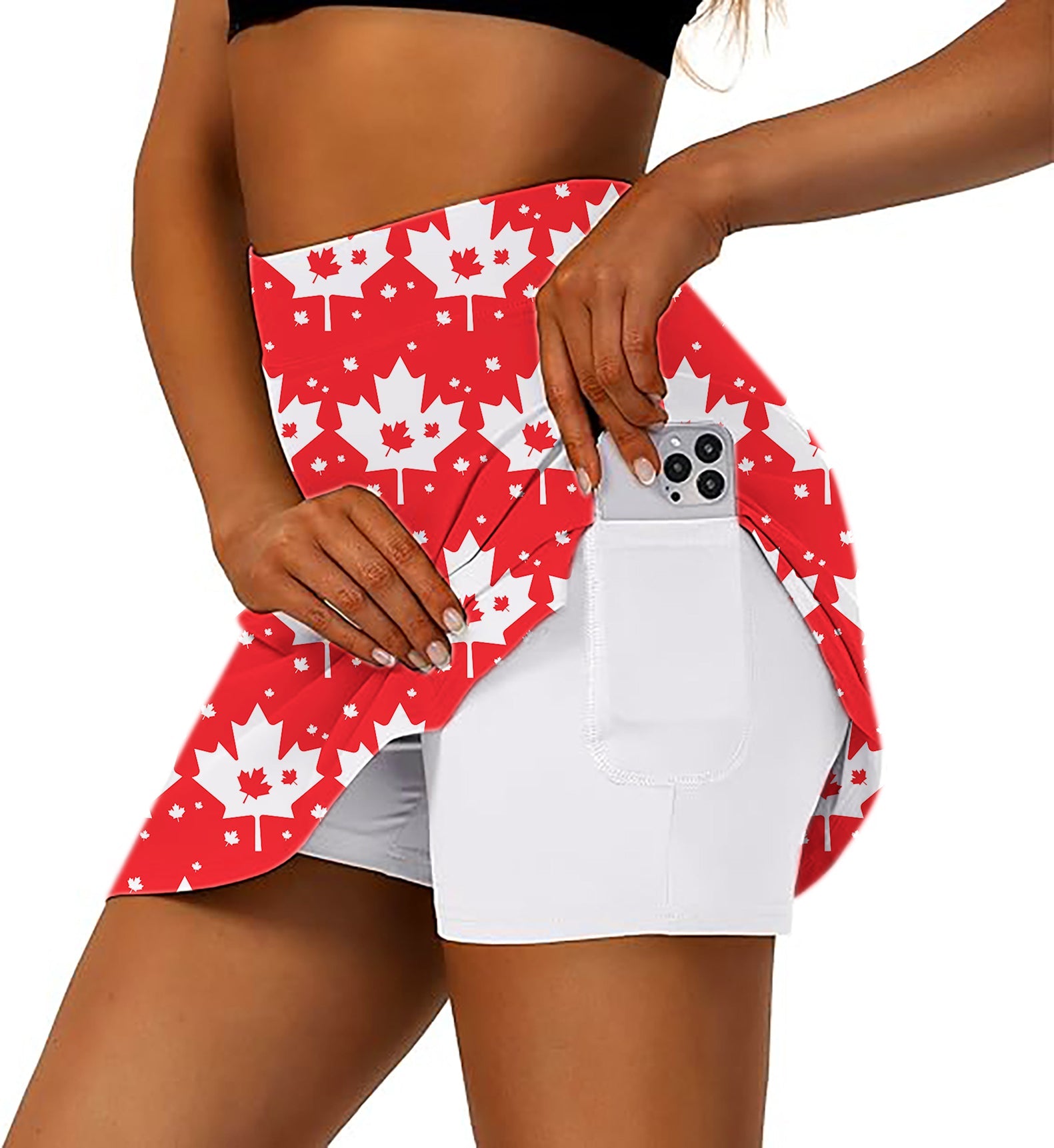 Women's athletic golf skorts with Canadian Maple Leaf pattern and phone pocket