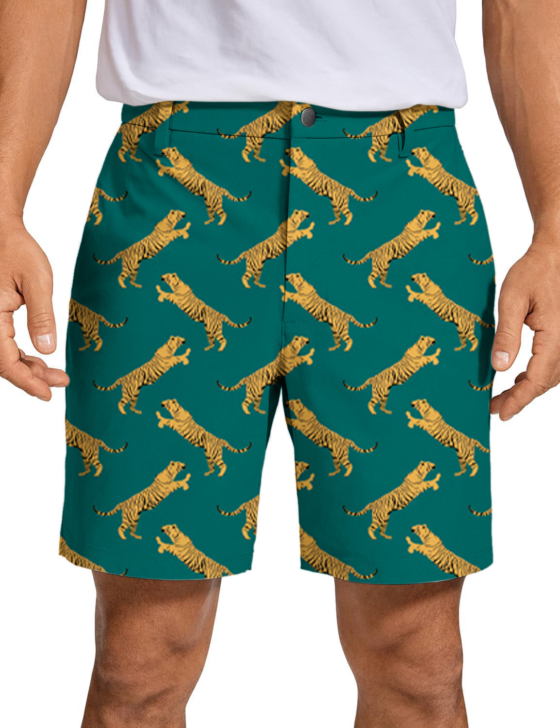 Men's green tiger print golf shorts with quick-dry, stretch fabric and wrinkle-free finish