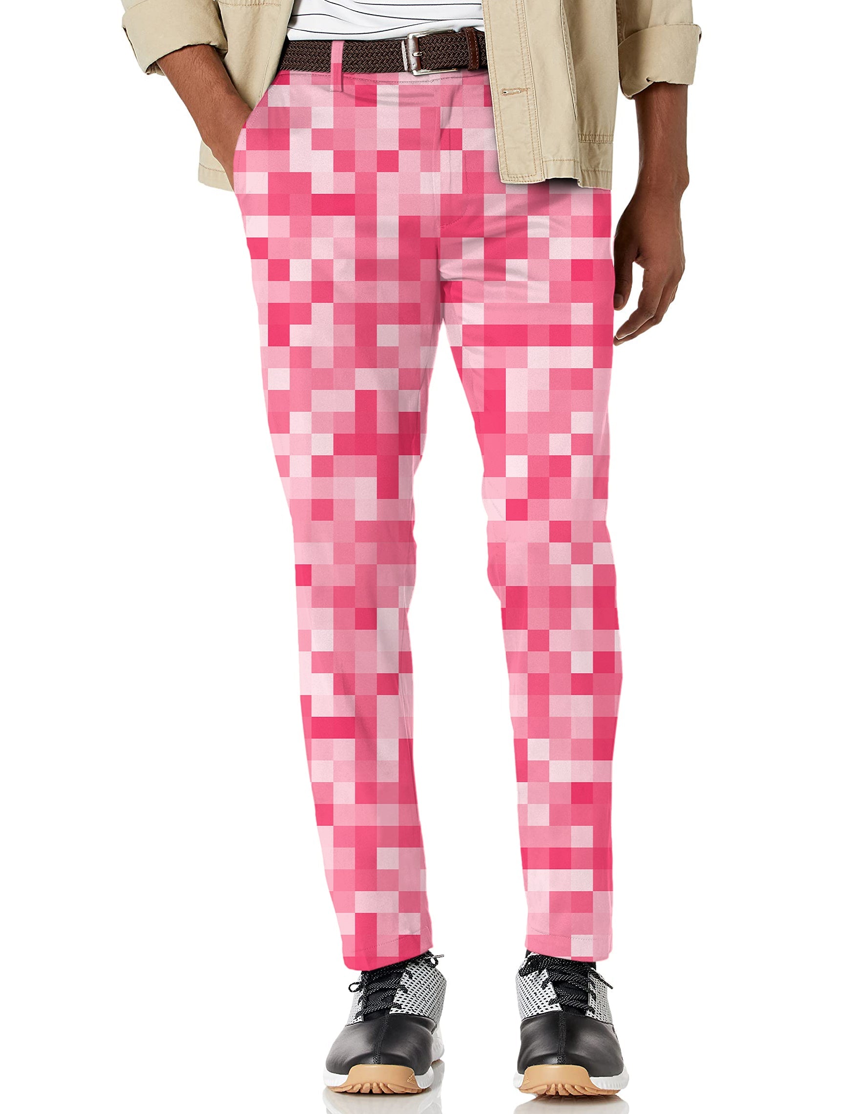 Men's light red pixel pattern stretch golf pants with moisture-wicking fabric and active waistband