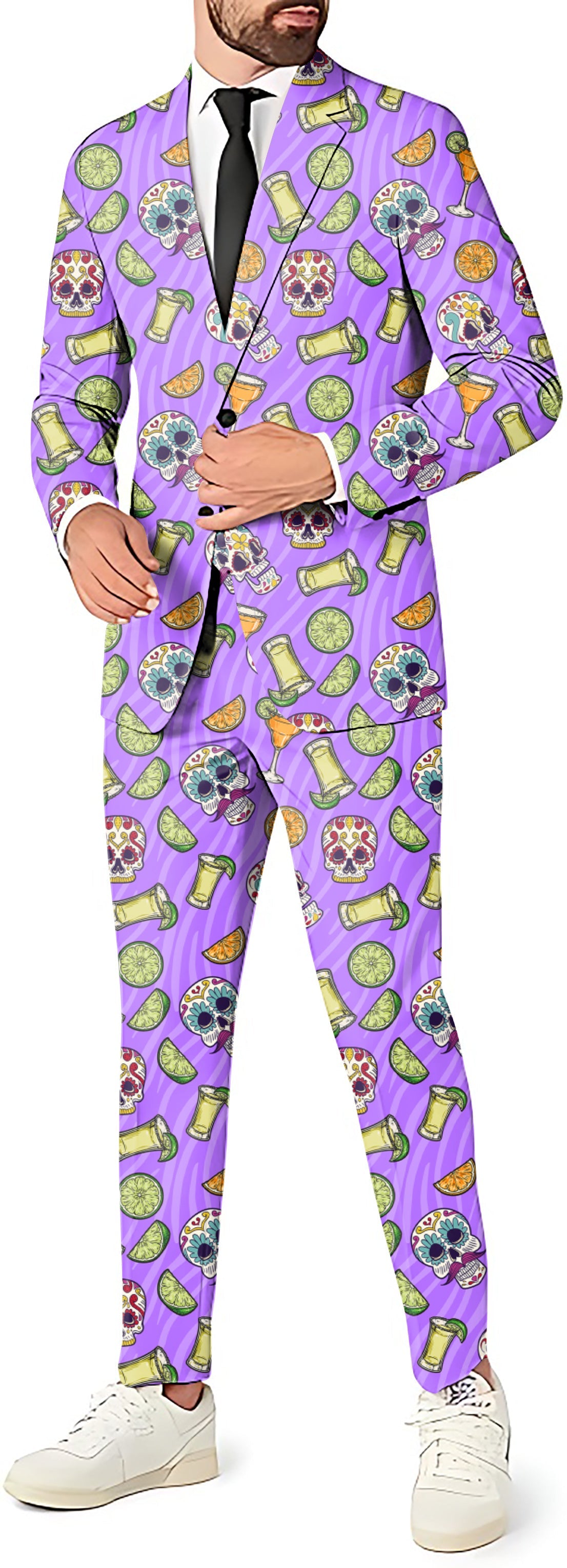 Men's summer tequila themed party suit with blazer, pants, and vest in colorful print