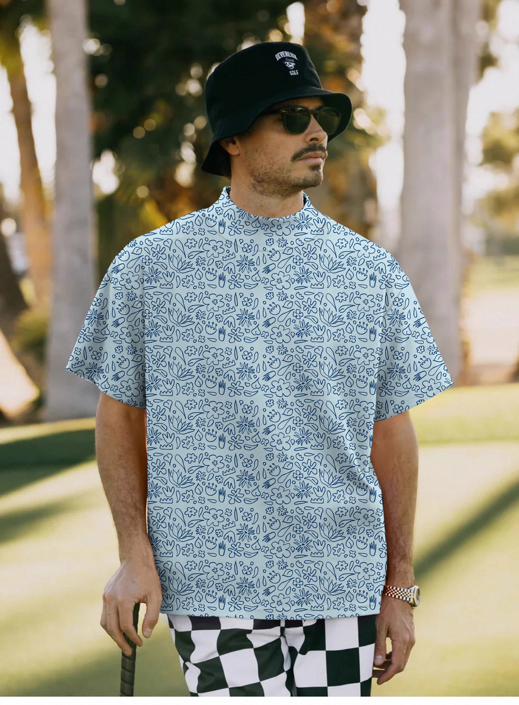 Men's simple blue flower drawing high neck pullover short sleeve T-shirt