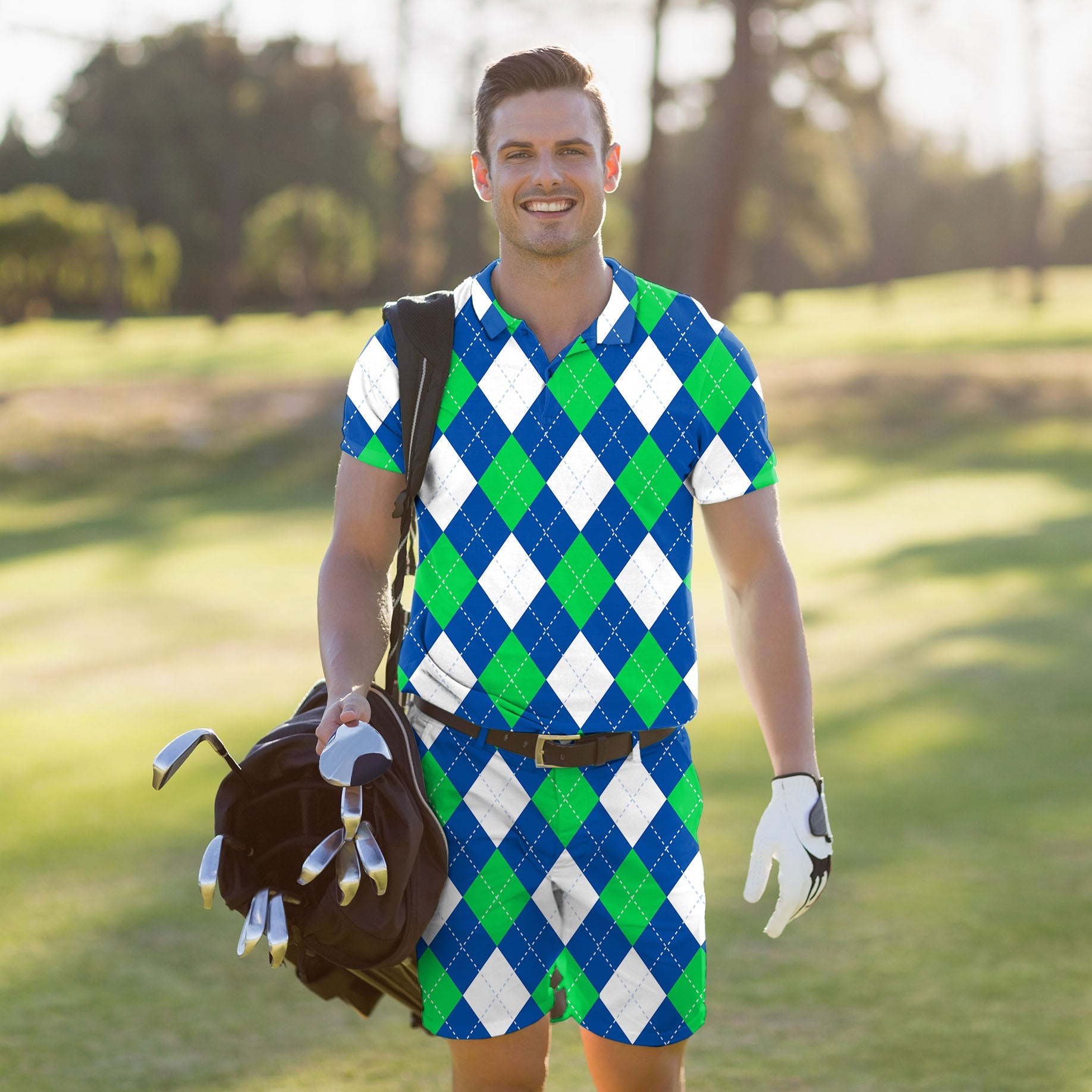 Men's golf set polo and shorts in green and blue argyle pattern with four-way stretch and moisture-wicking fabric