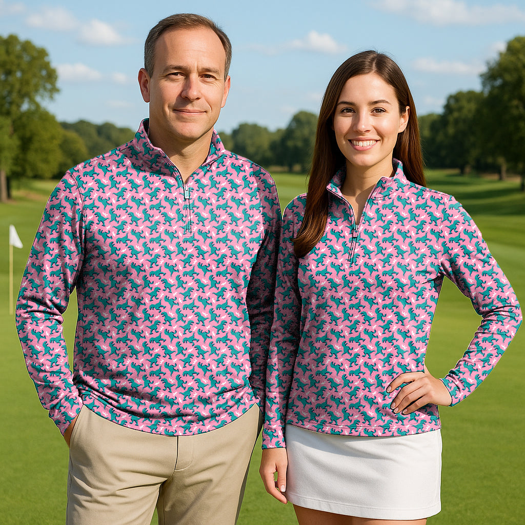 Green dinosaur couple golf active 3/4 zip tops with long sleeves on a golf course