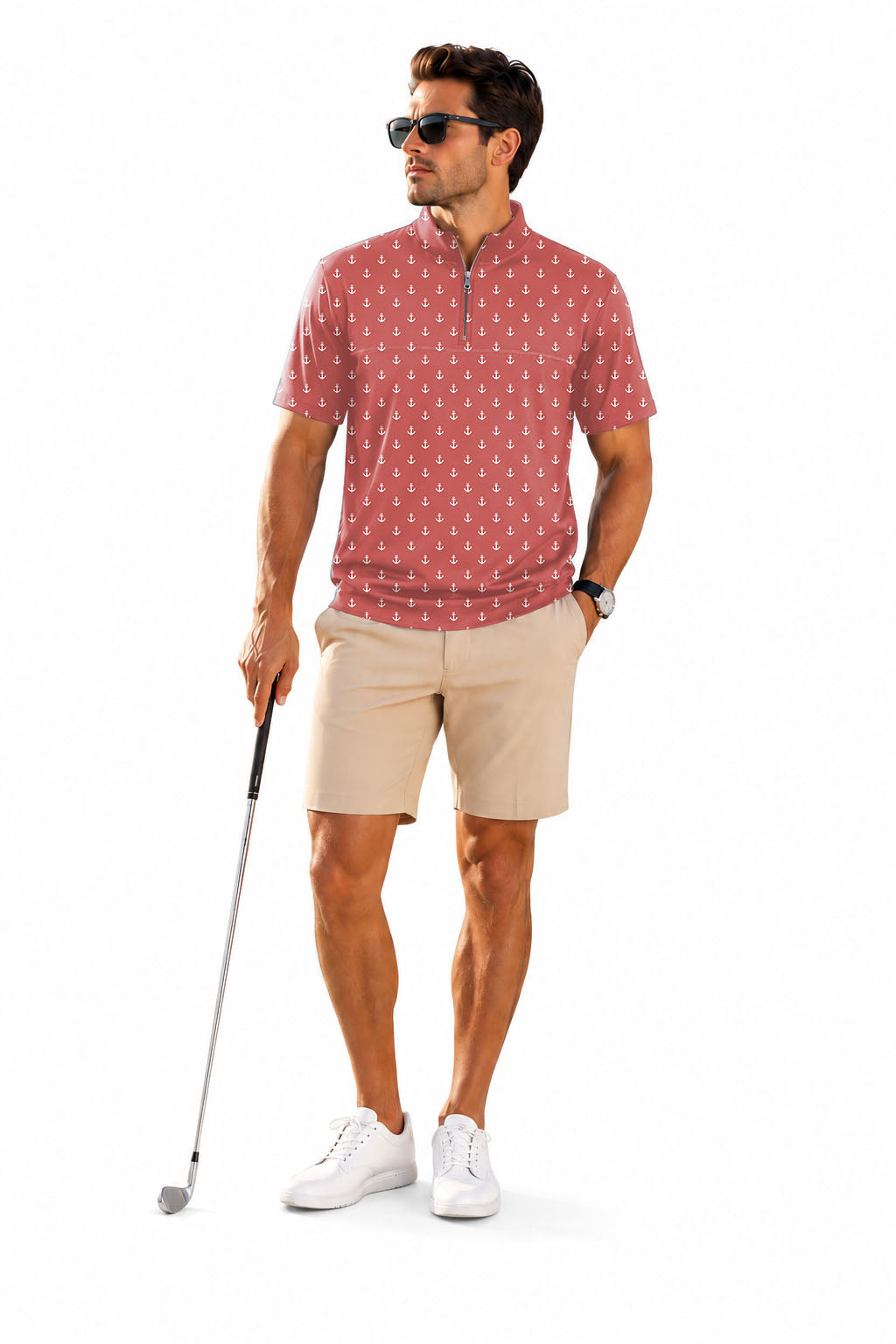 Men's Short Sleeve Quarter Zip Golf Pullover Pink Red Anchor Embroidery