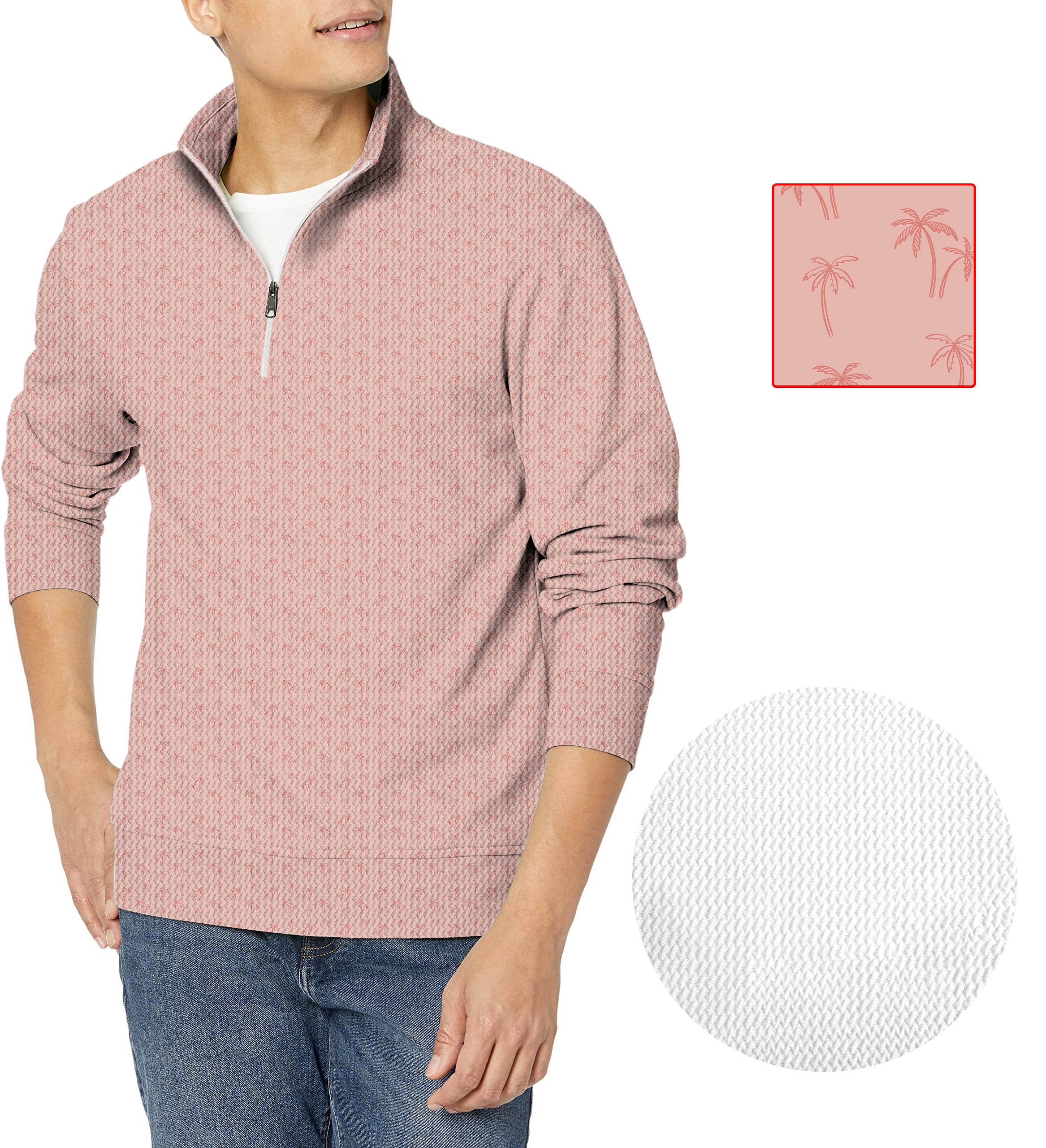 Men's pink coconut trees golf waffle zipper pullover with customizable team logo and name