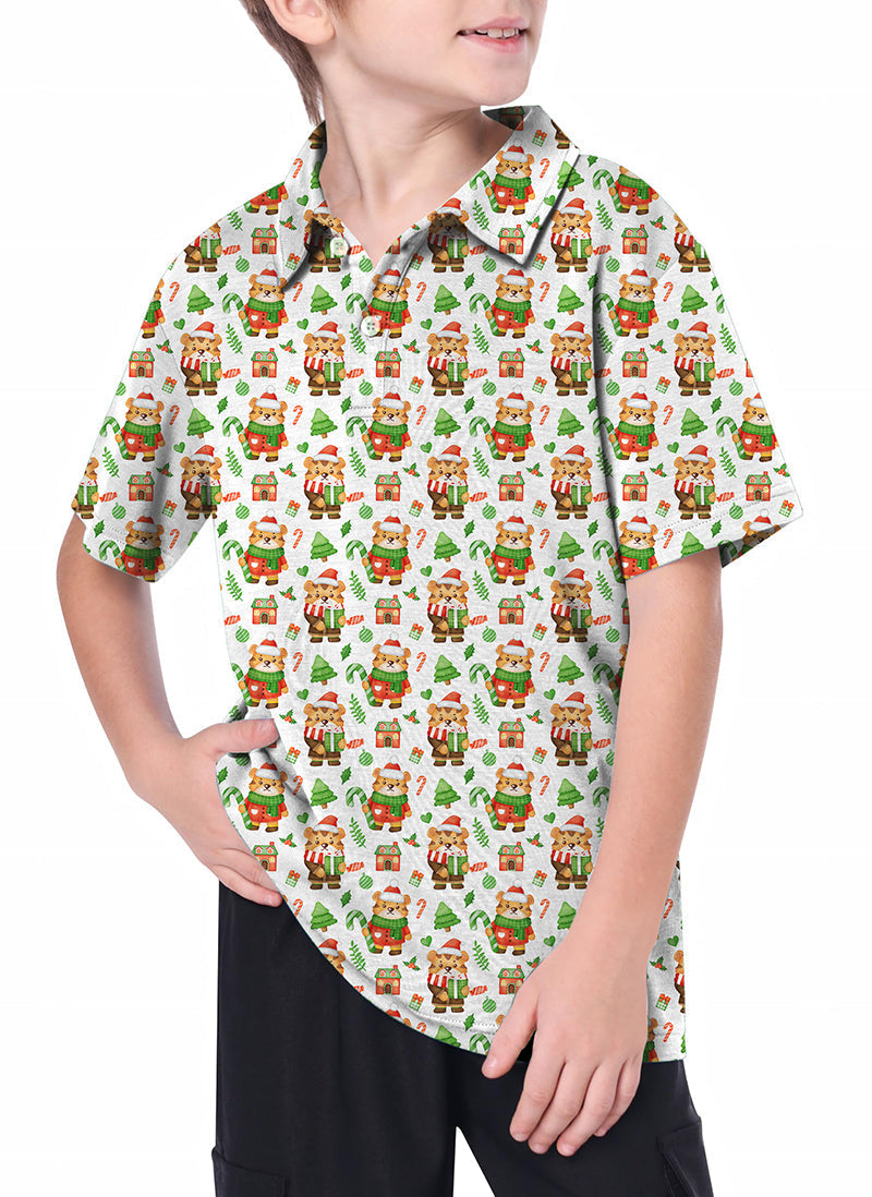 Youth Christmas tiger golf polo shirt with festive holiday pattern for kids, featuring premium moisture-wicking and wrinkle-resistant fabric.
