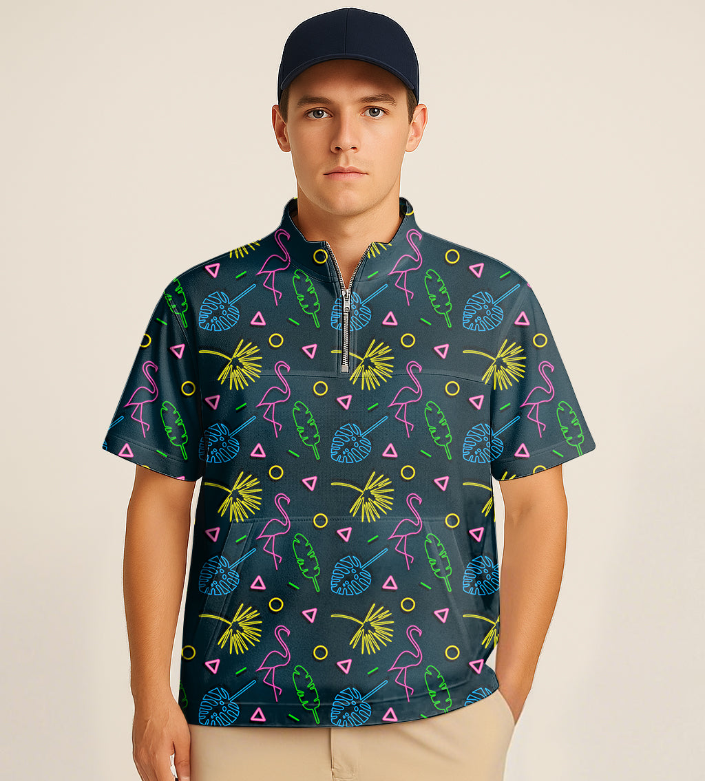 Men's half zipper turtleneck golf shirt with neon flamingo and tropical embroidery
