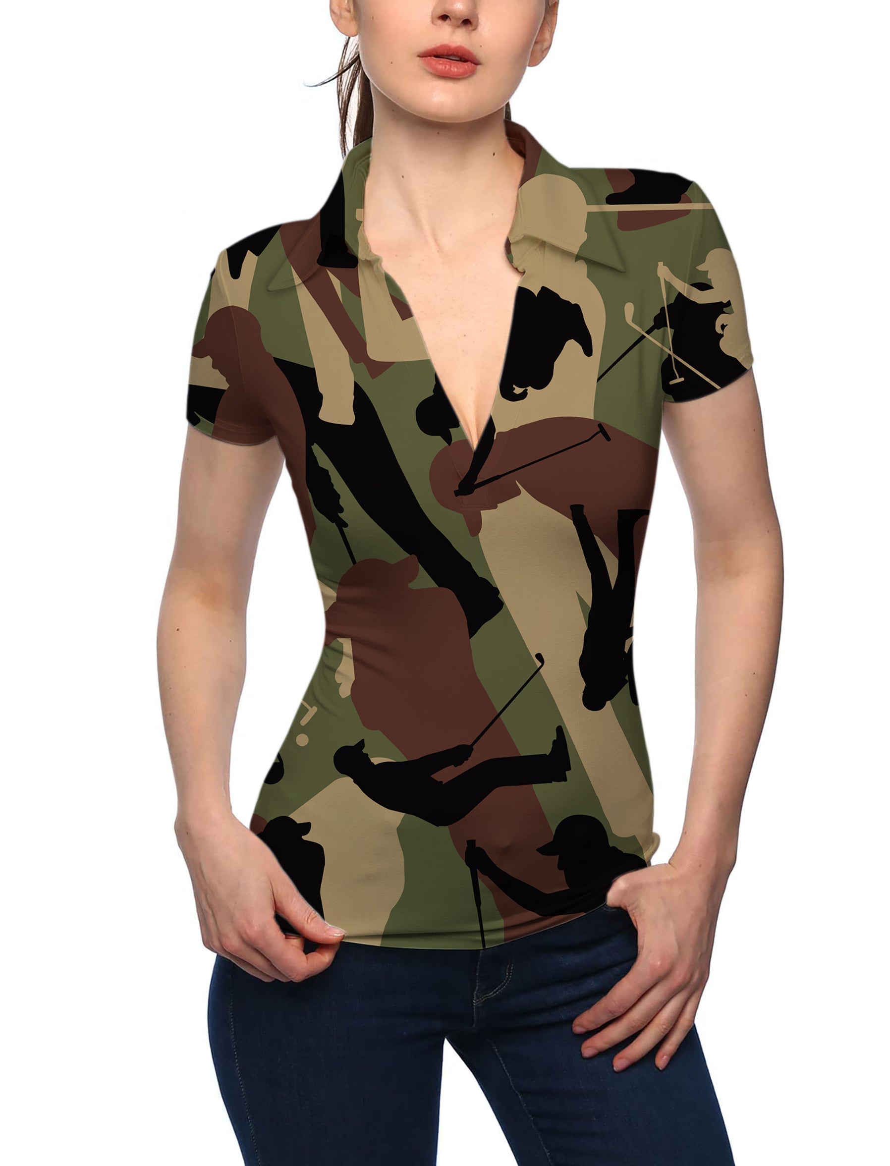 Women's army green V neck golf polo shirt with stand collar and short sleeves