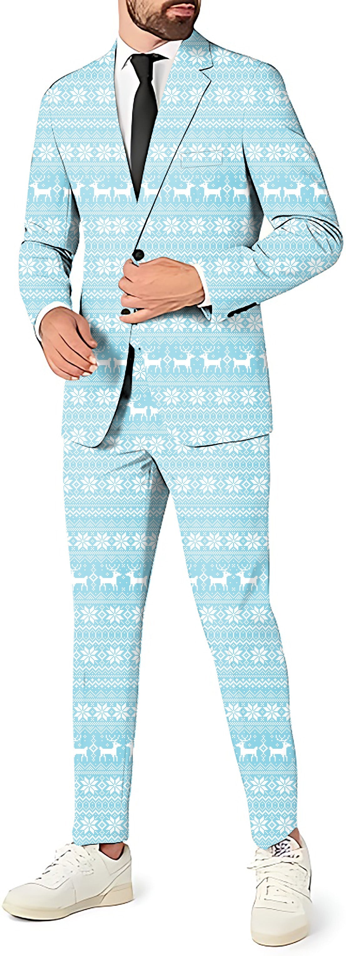 Frozen Wonderland men's party suit set with blazer, pants, and vest in light blue holiday pattern