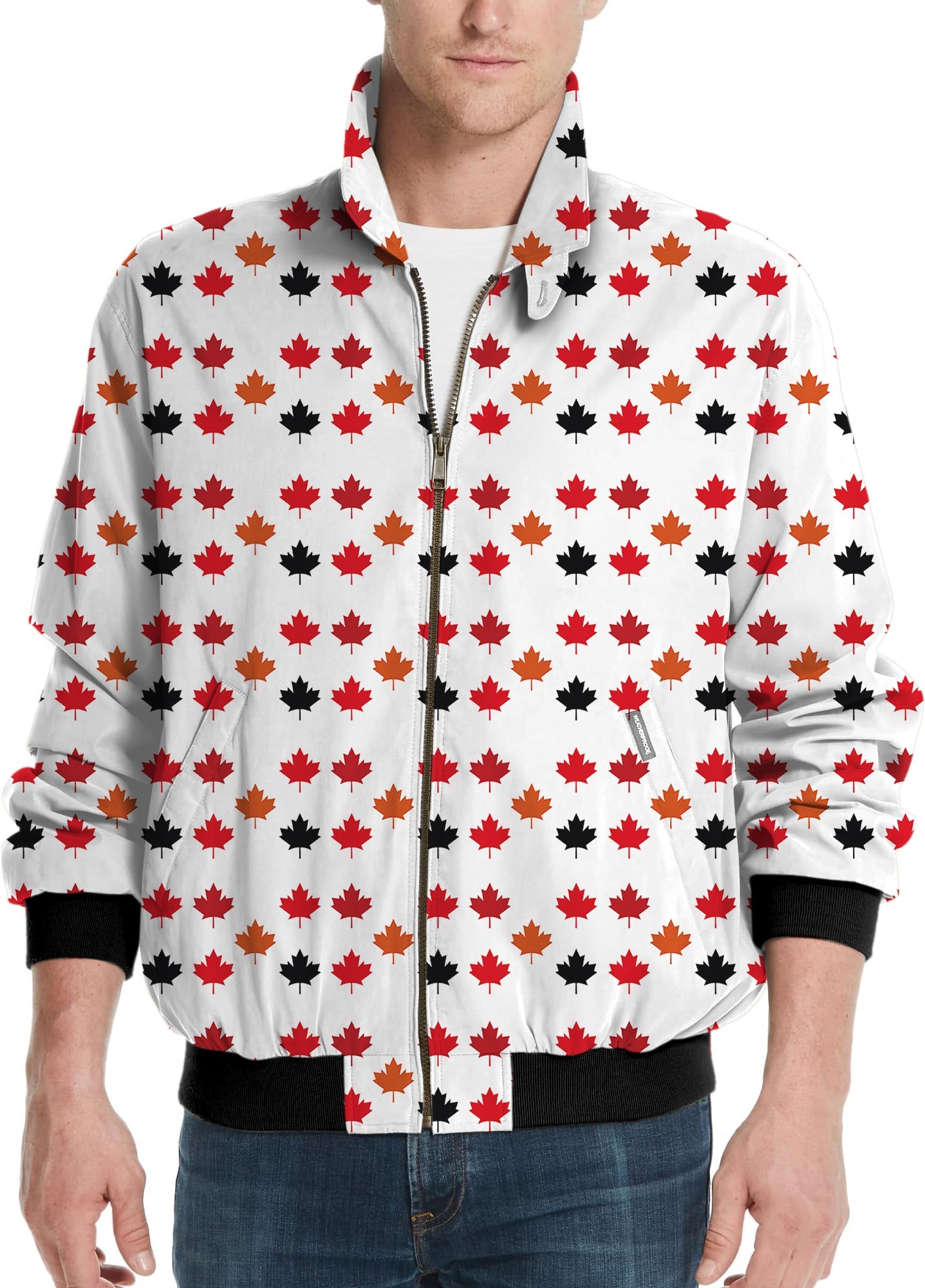 Men's golf windbreaker jacket with Canada four color maple leaves pattern on white background