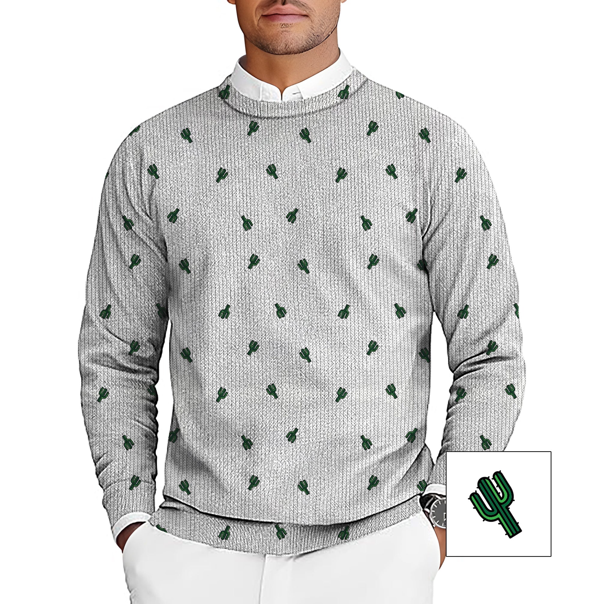 Cactus Custom men's gray golf crewneck pullover sweater with green cactus pattern