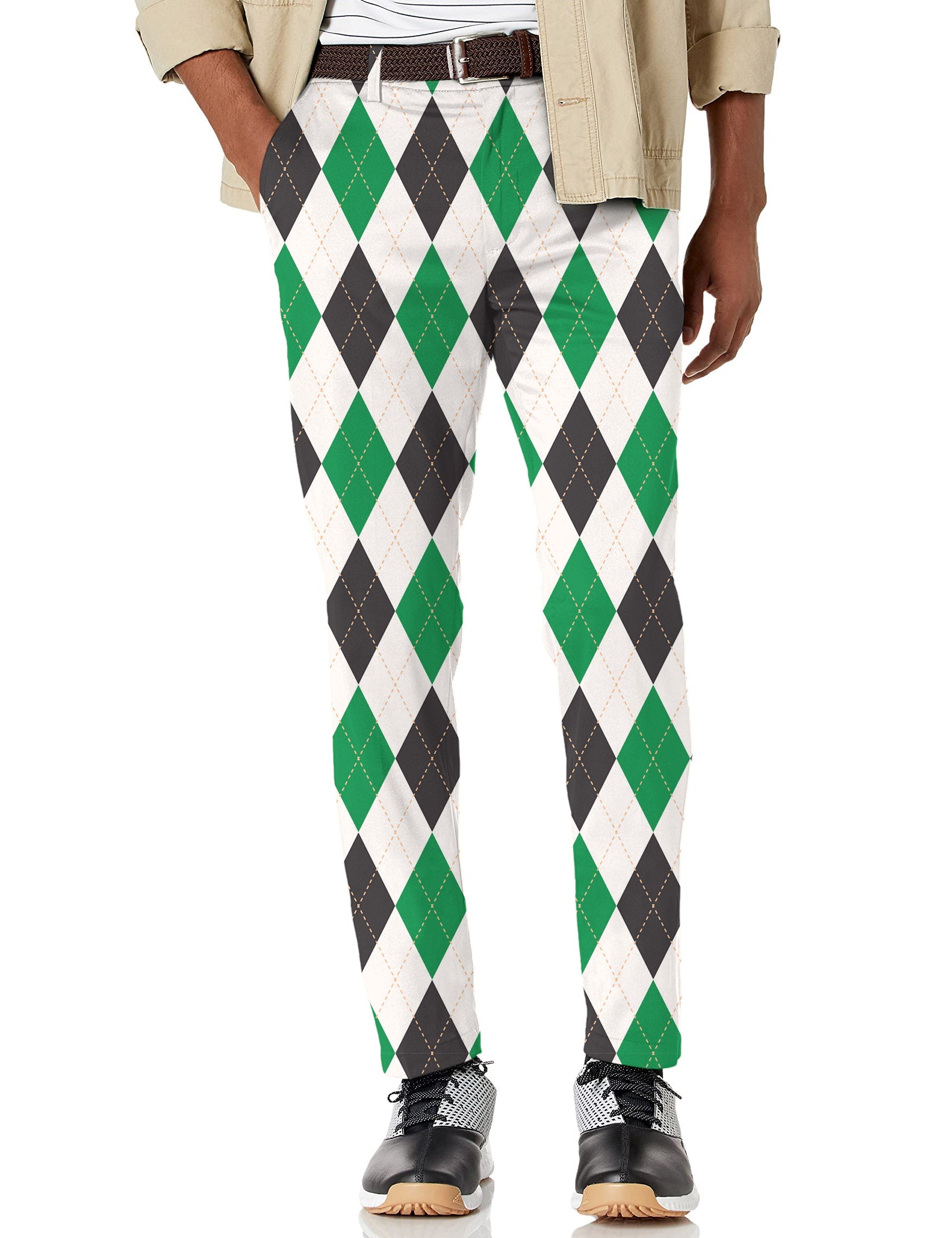 Men's Argyle grid stretch golf pants with green and black diamond pattern, moisture-wicking and wrinkle-resistant fabric