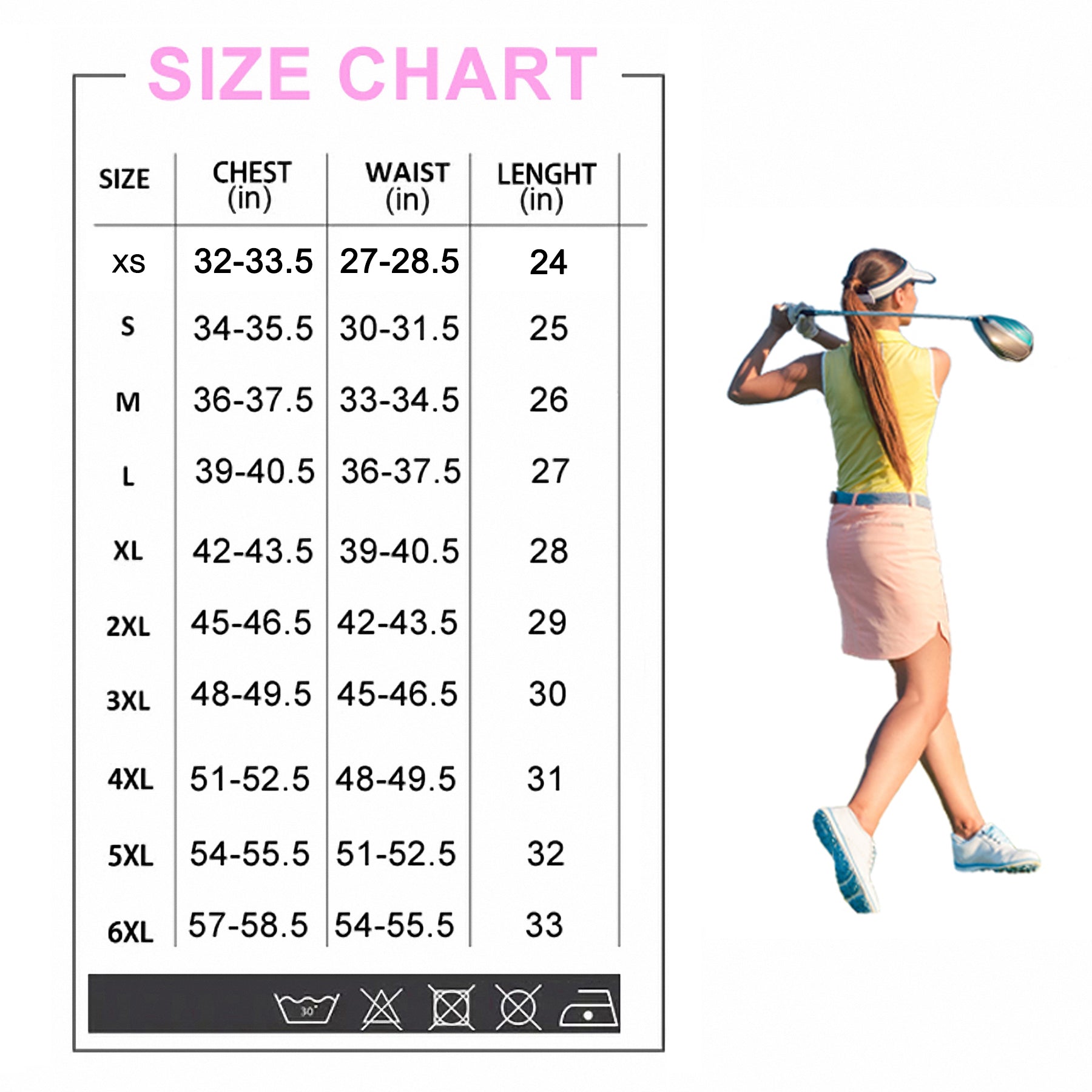 Women's Christmas Dachshund colorful sleeveless golf shirt with size chart and golfer swing pose