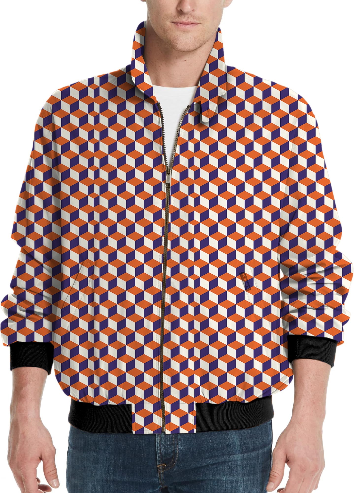 Men's golf windbreaker jacket with orange 3D square box pattern and zipper closure