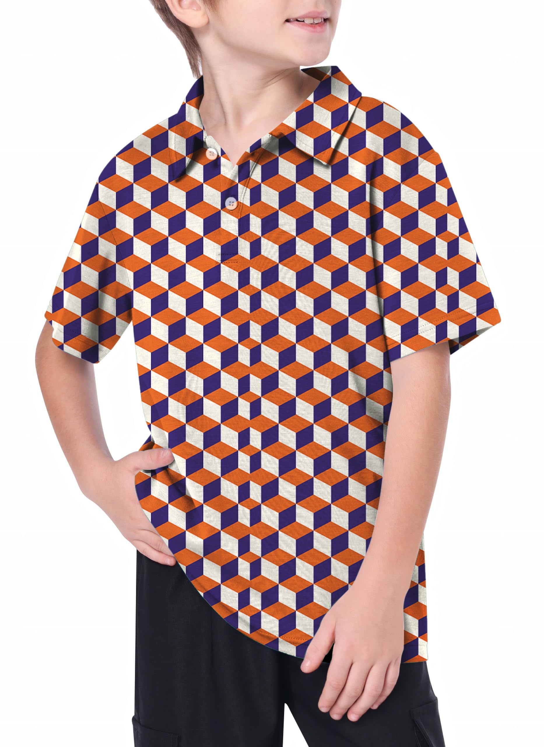 Youth orange 3d square box patterned golf polo shirt for youth with 4-way stretch and moisture wicking features.