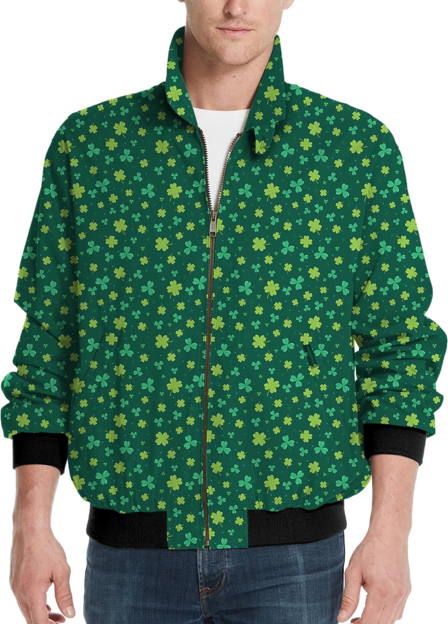 Men's green golf windbreaker jacket with leaf clover pattern for St. Patrick's Day