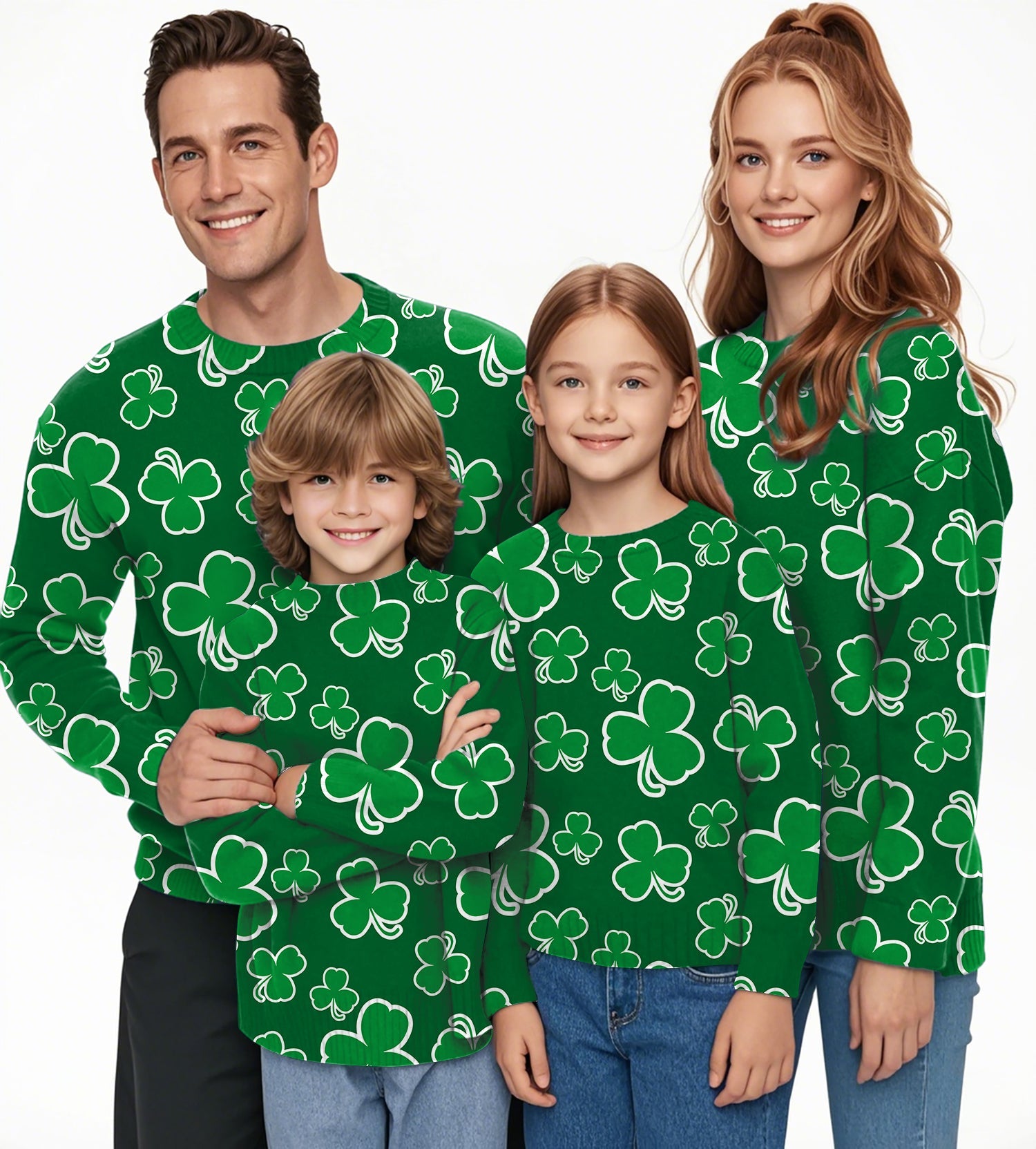 Family wearing green leaf clover St. Patrick's Day crewneck pullover sweaters