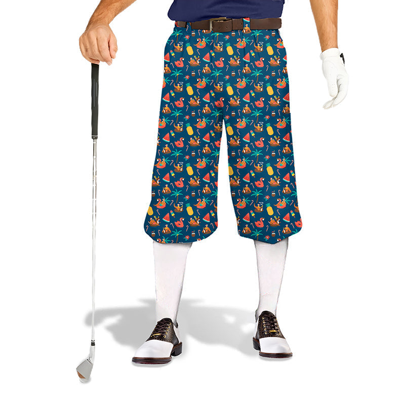 Men's Christmas HO golf knickers with festive print, wrinkle-resistant, soft stretchy fabric, and adjustable Velcro waist.