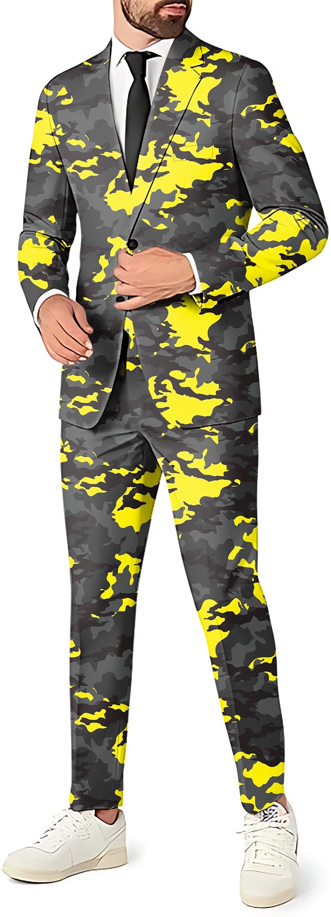 Camouflage men's party costume suit set with blazer, pants, and vest in yellow and gray pattern