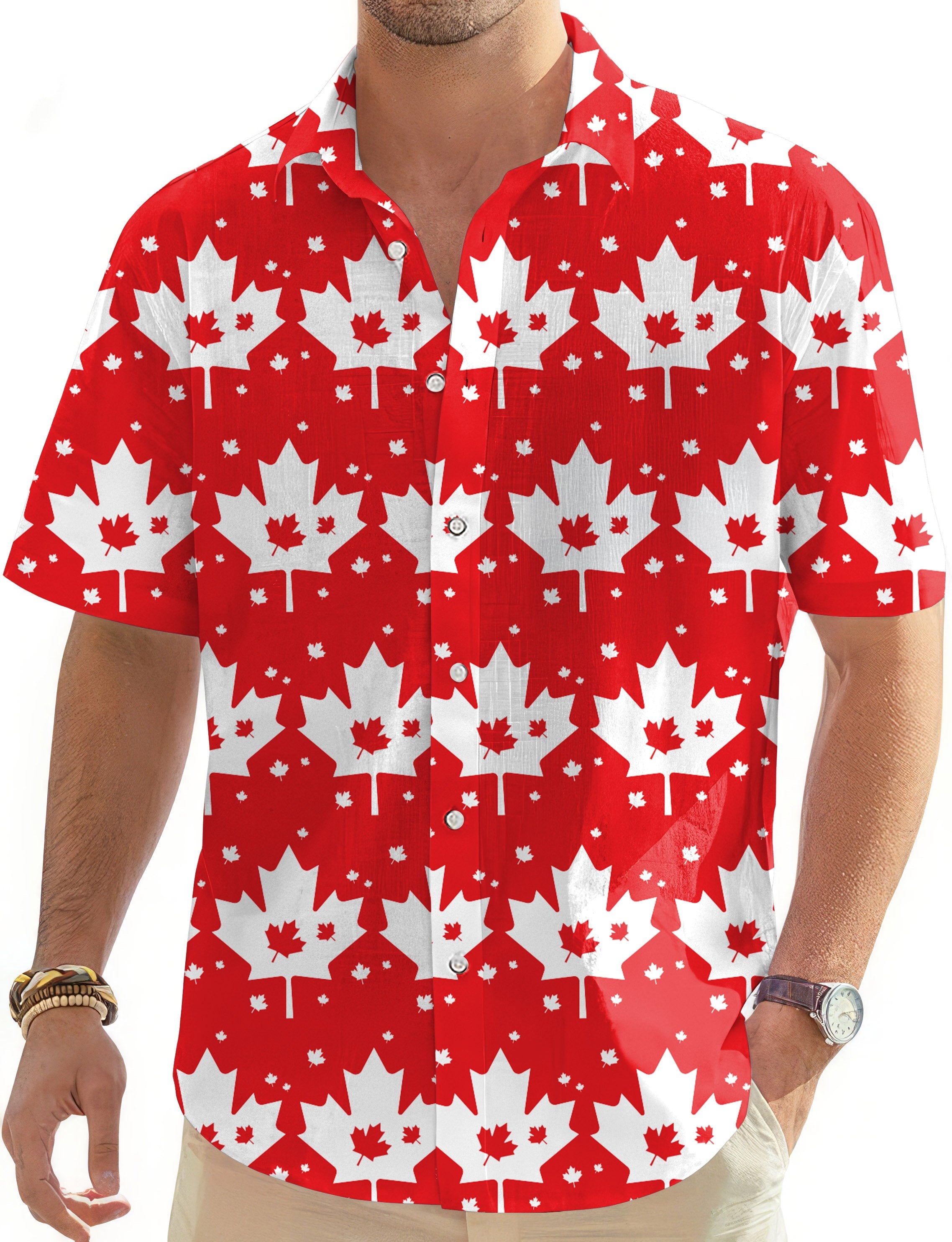Canadian Maple Leaf men's golf short sleeve button-down Hawaiian shirt in red and white