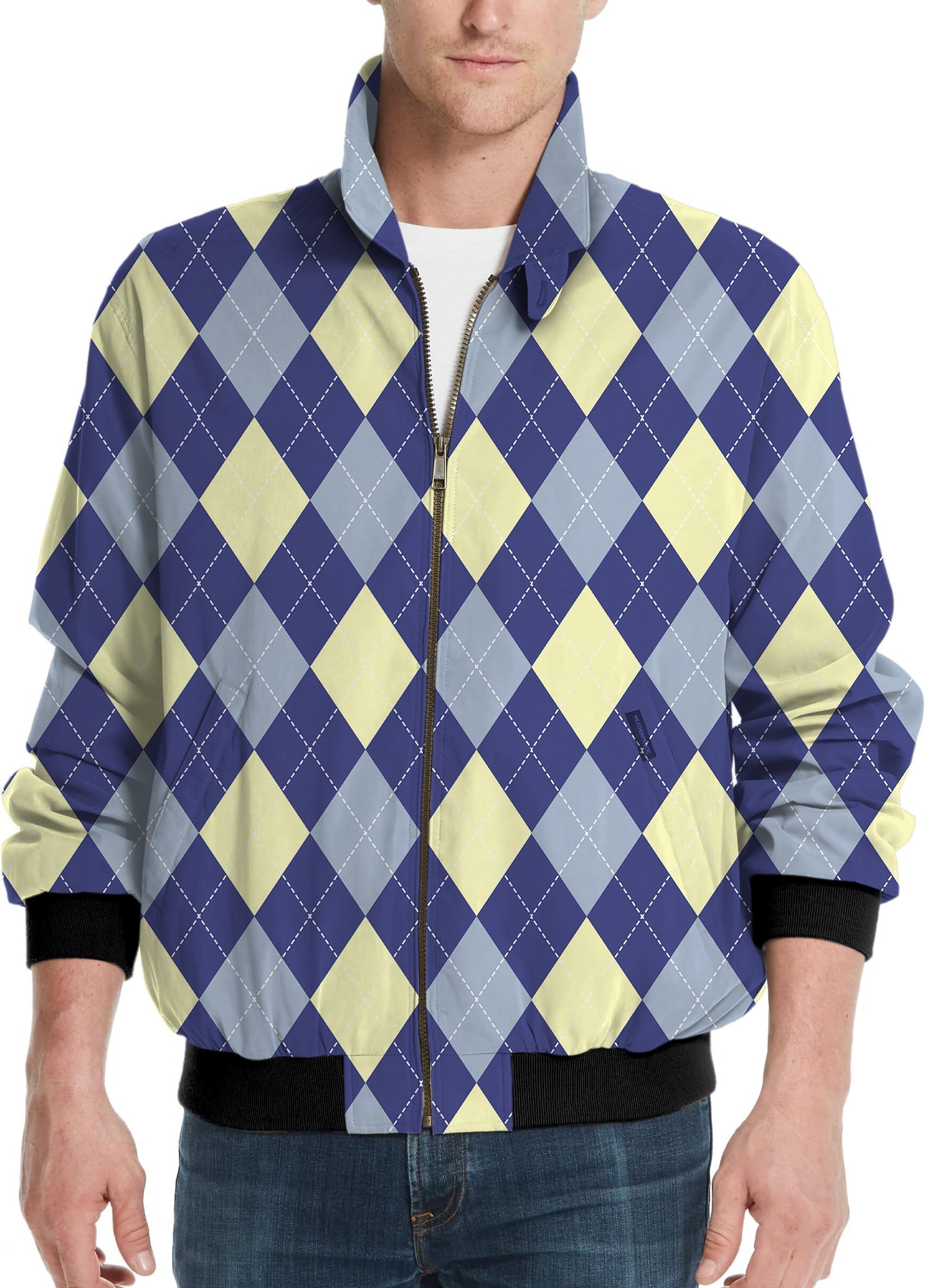 blue Argyle-Men's Golf windbreaker jacket with diamond pattern and zipper front