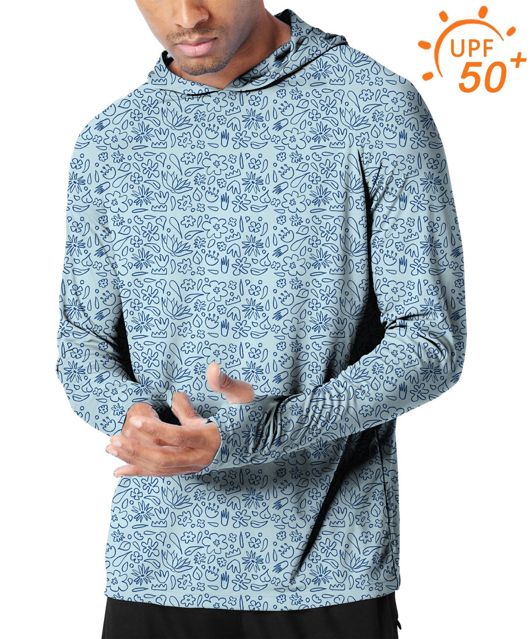 Men's outdoor slim fit blue flower drawing hoodie with UPF 50+ sun protection