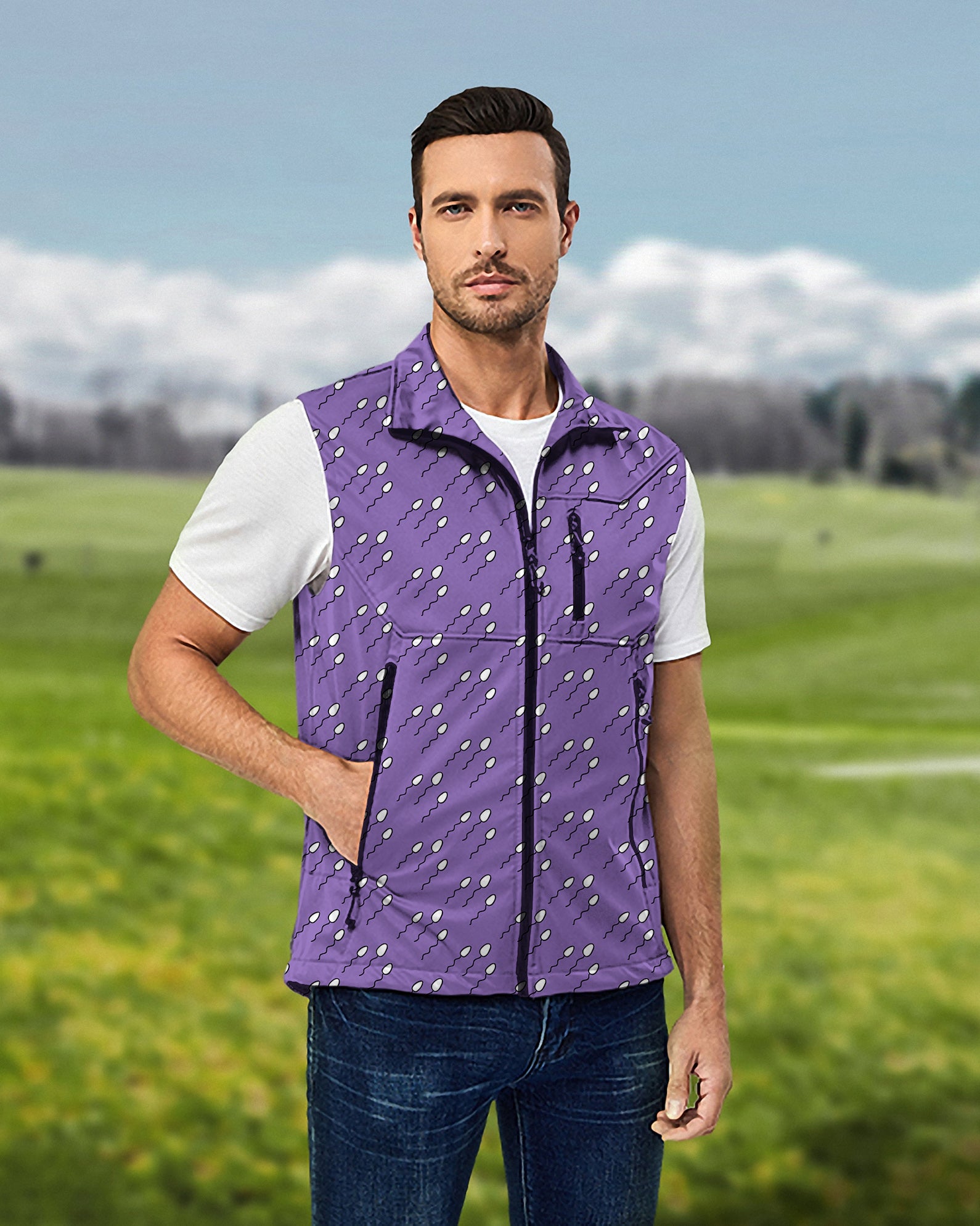 Men's Abstract Sperm Lines Lightweight Softshell Vest Sleeveless Jacket for Golf Windproof Waterproof
