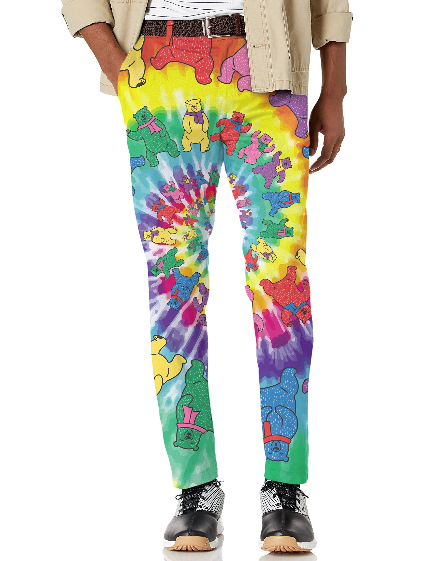 Men's Kaleidoscope Bear stretch golf pants with colorful tie-dye and bear print, lightweight and moisture-wicking fabric.