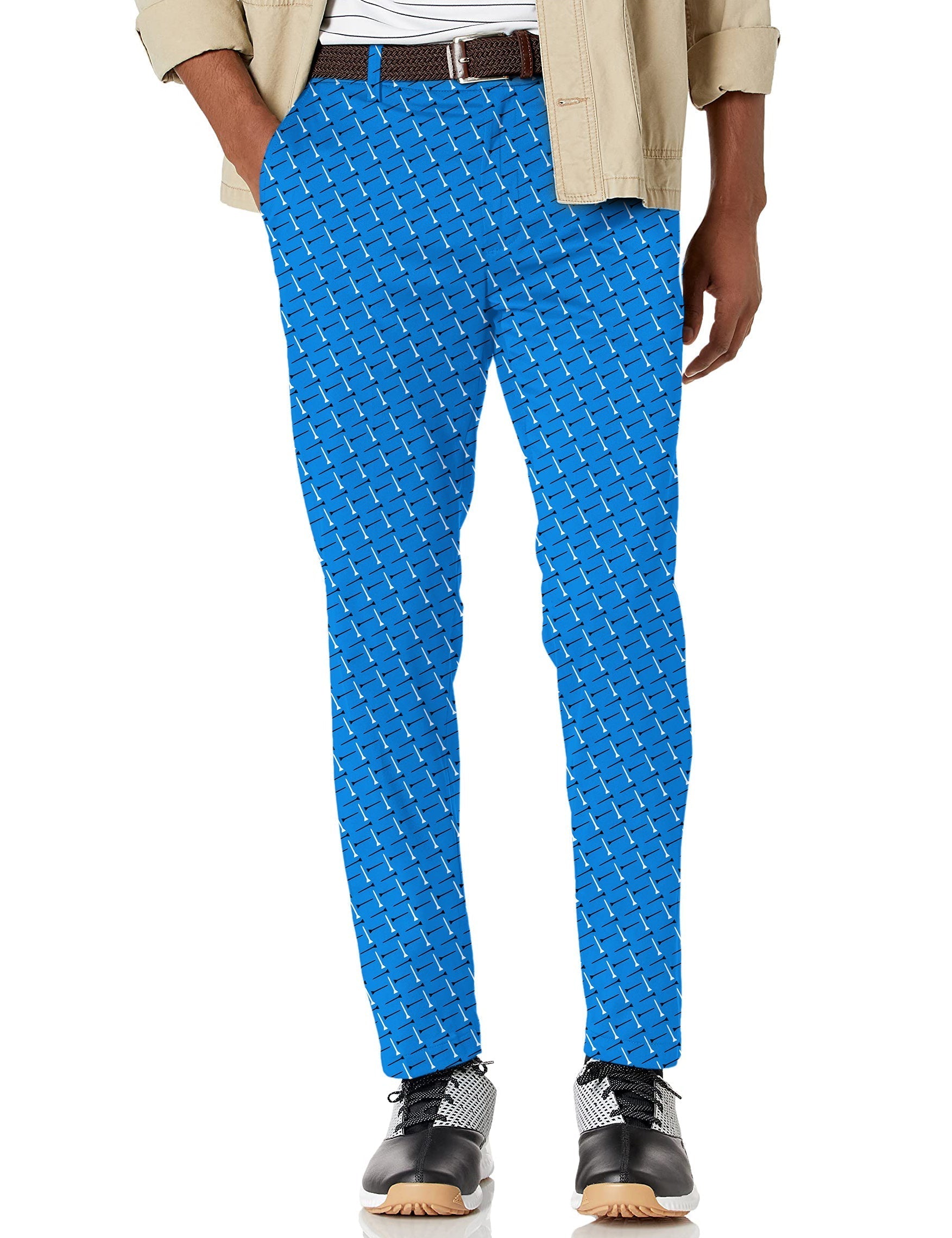 Men's custom stretch golf pants in blue with white pattern, lightweight and moisture-wicking.
