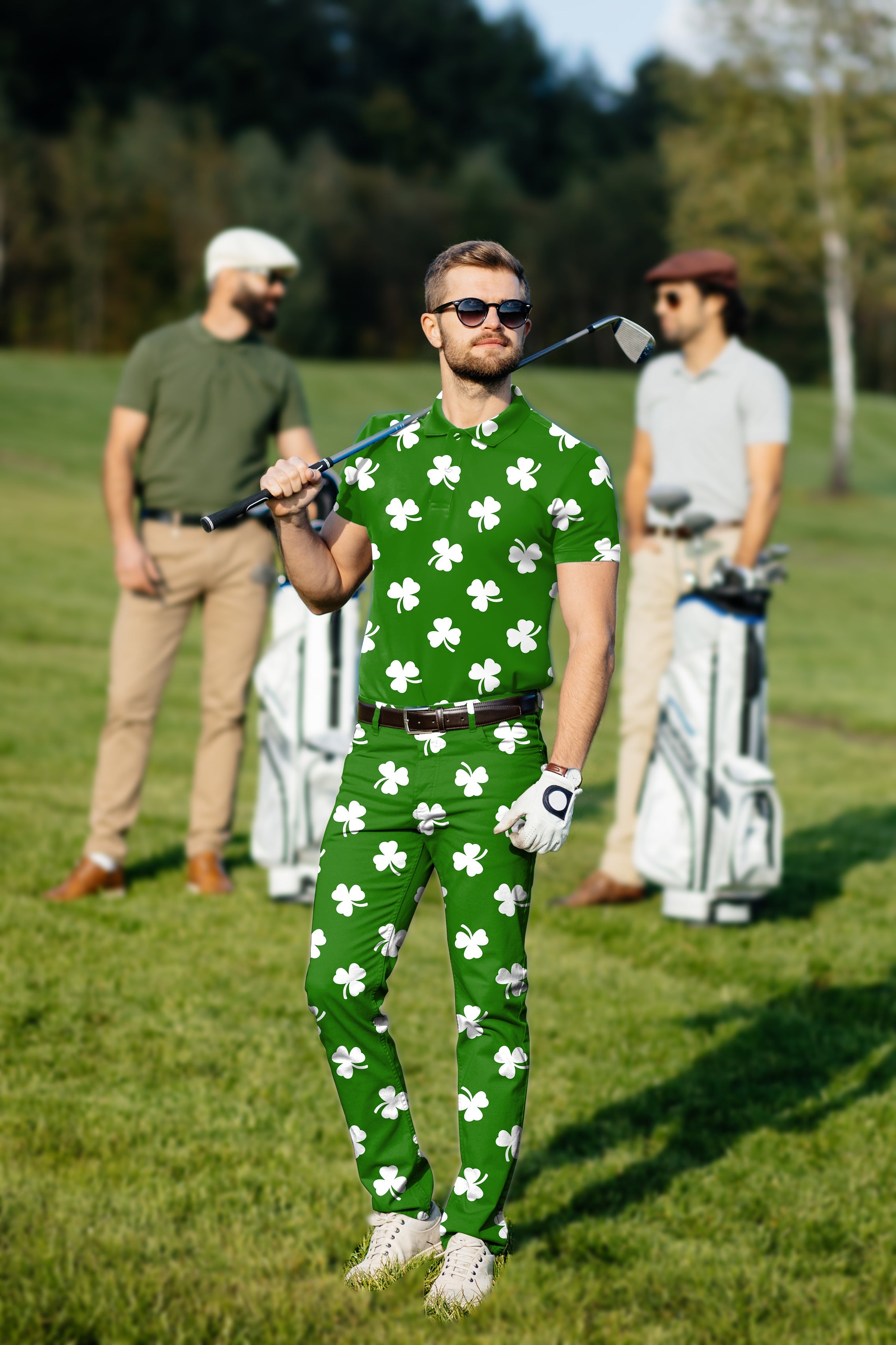 Men's golf set with green shamrock polo and pants for St. Patrick's Day, designed for comfort and style on the course