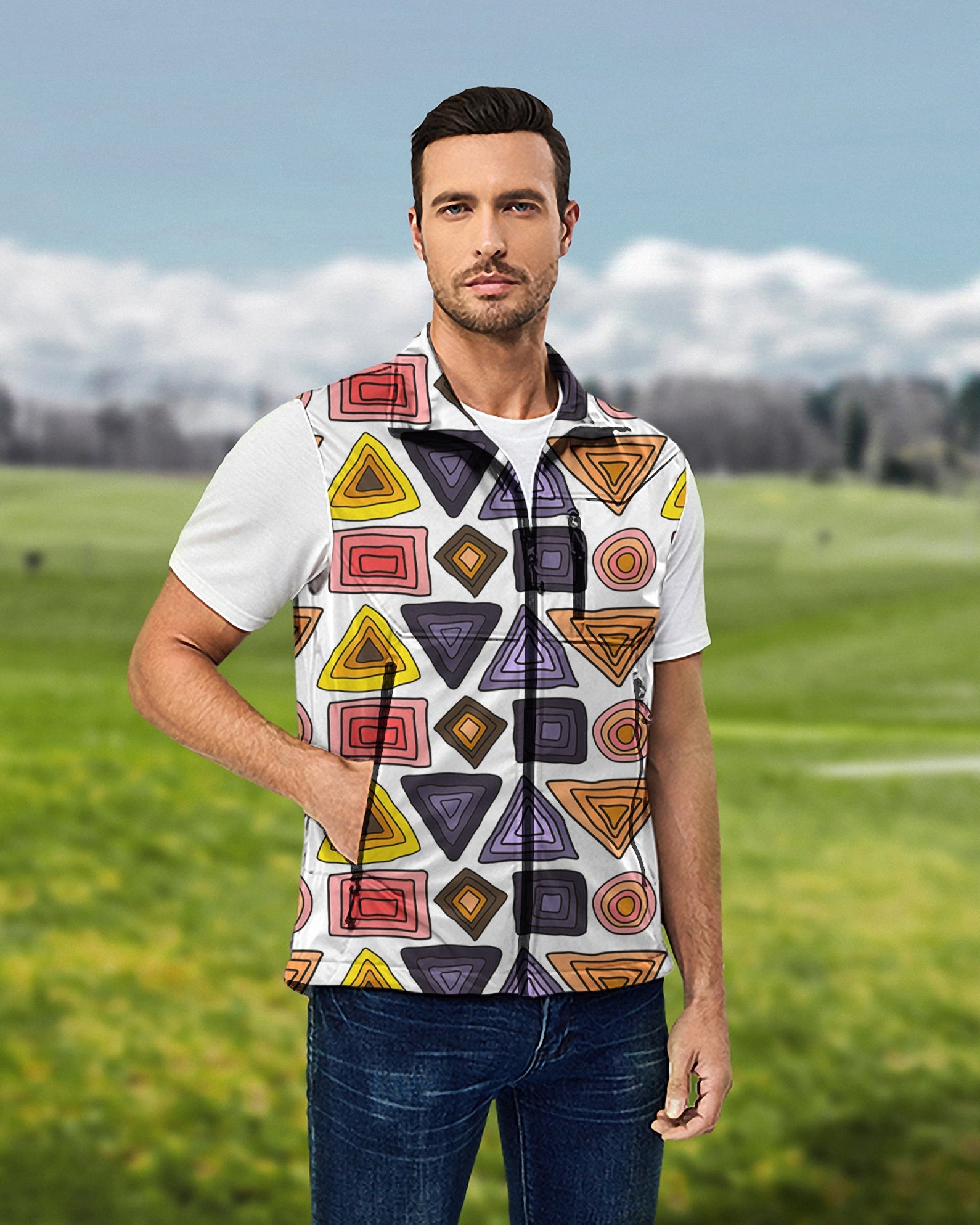 Men's colorful triangle tribal sleeveless softshell vest for golf, windproof and waterproof
