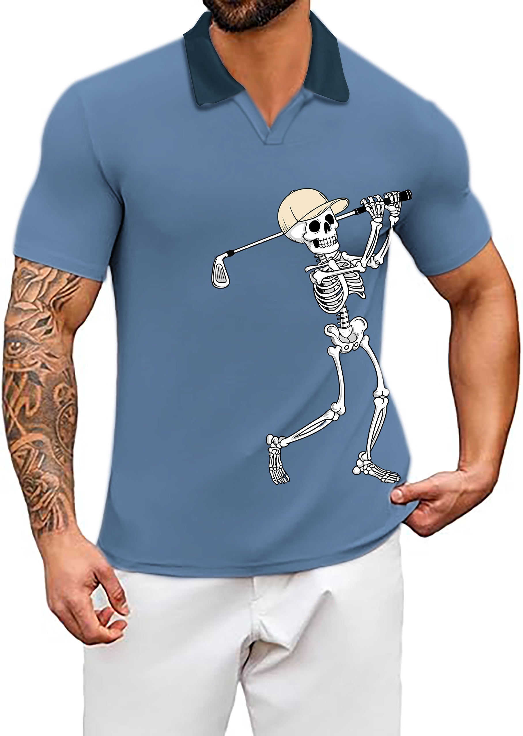 Men's Coconut Palm navy blue golf shirt with skeleton golfer graphic and four-way stretch fabric
