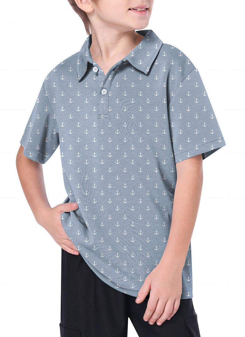 Youth Blue Anchor Golf Polo with 4-way stretch, moisture-wicking, and UPF 40+ protection for active kids
