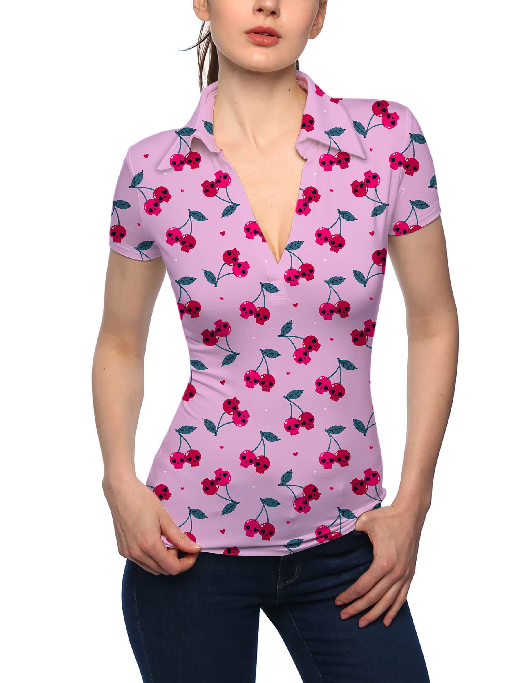 Women's Halloween cherry skull golf polo shirt with V-neck and stand collar design