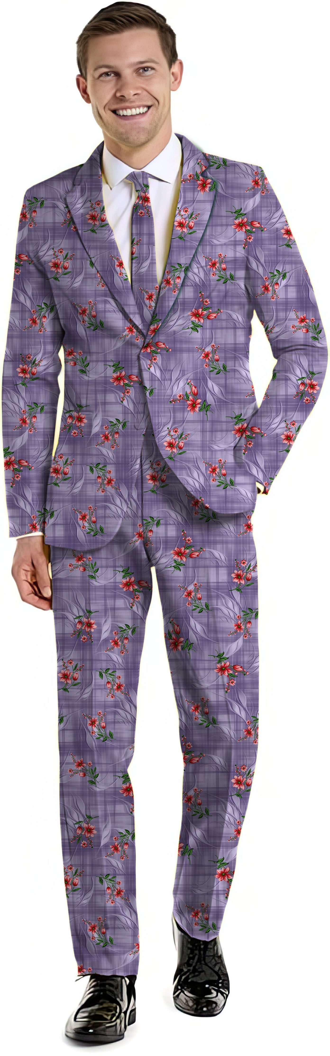 Purple flower men's slim fit party suit set with blazer, pants, and vest