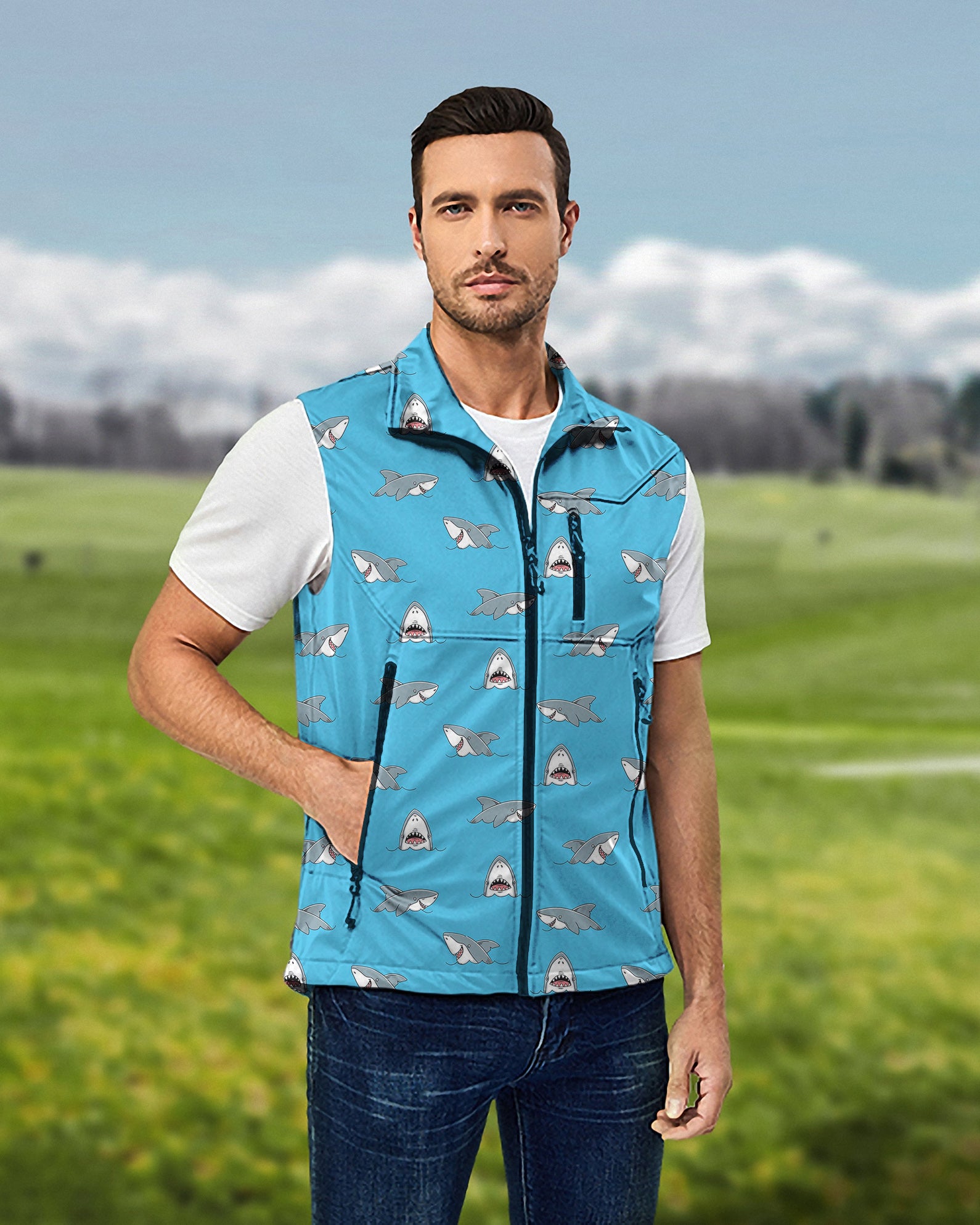 Men's Chomp Chomp shark Lightweight Softshell Vest Sleeveless Jacket for Golf
