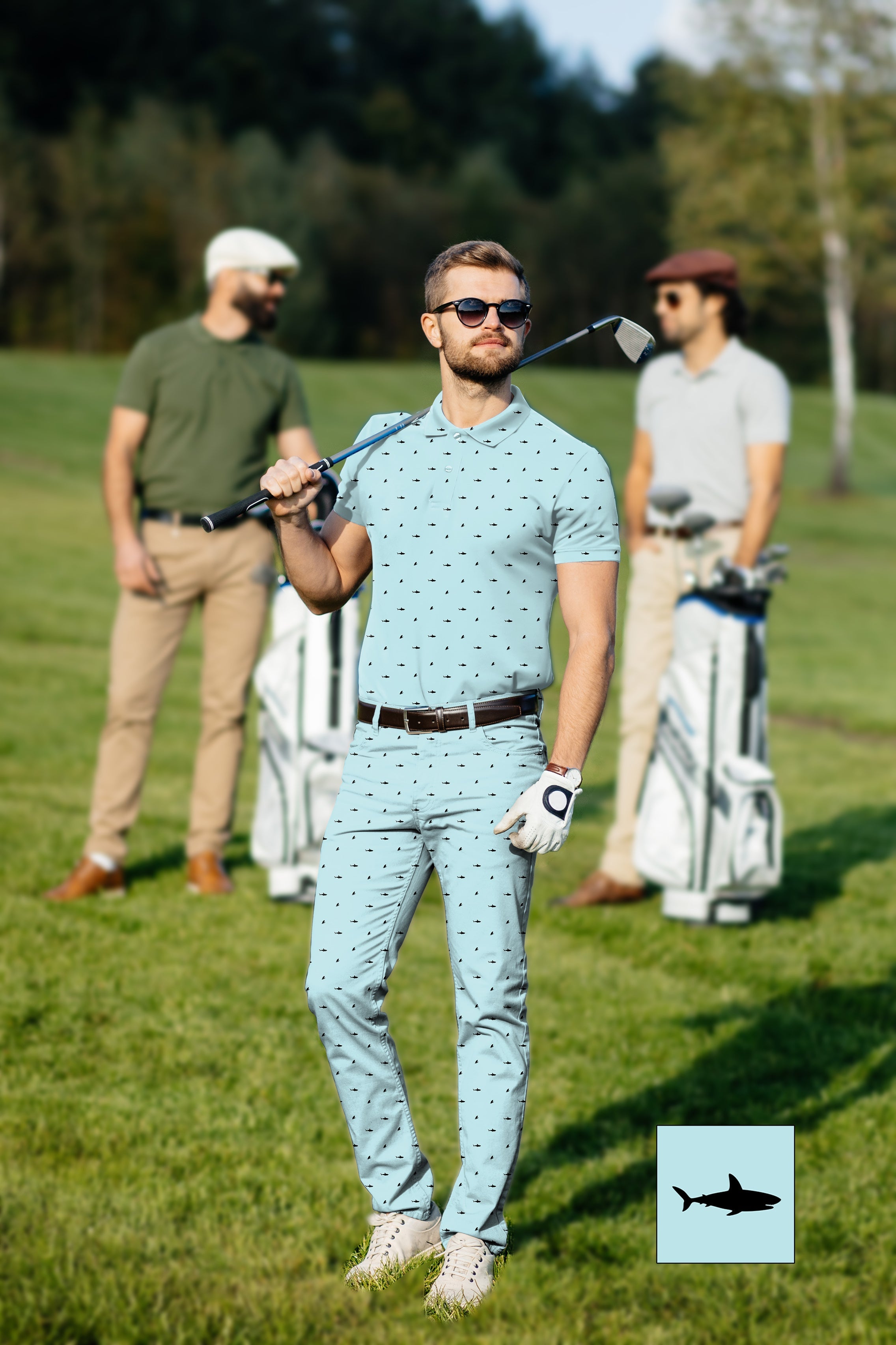 Men's Golf Set black Shark and Fin custom polo and pants with stretch fabric and UPF protection