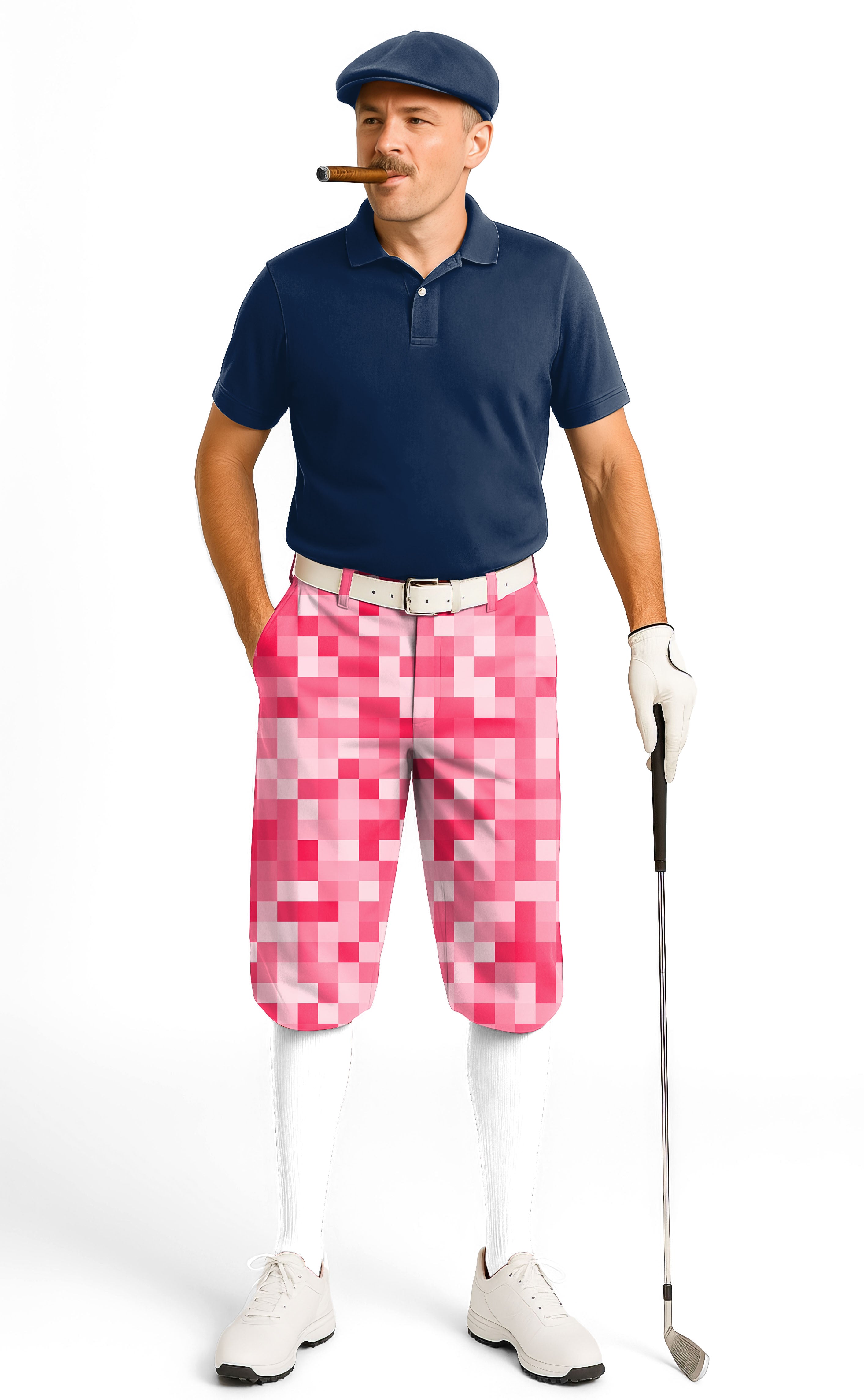 Light Red Pixel men's golf knickers with snug ankle cuffs and adjustable Velcro waist