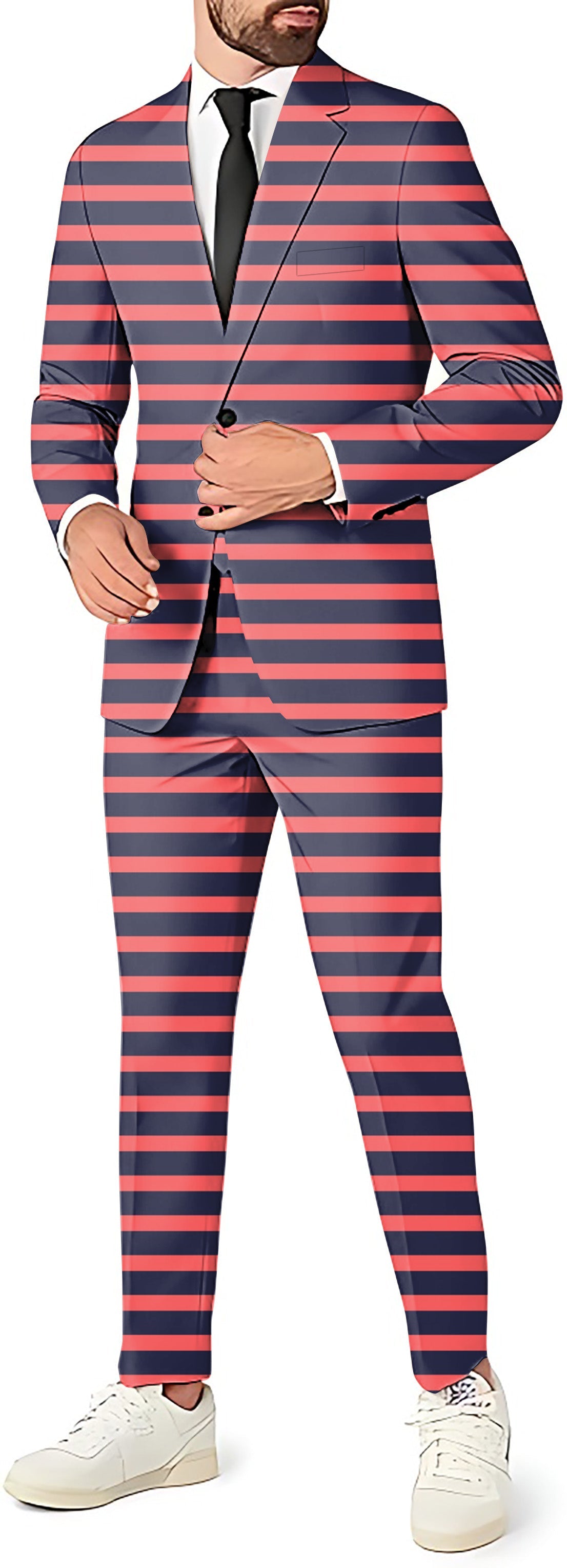 Navy red striped men's slim fit party suit with blazer, pants, and vest