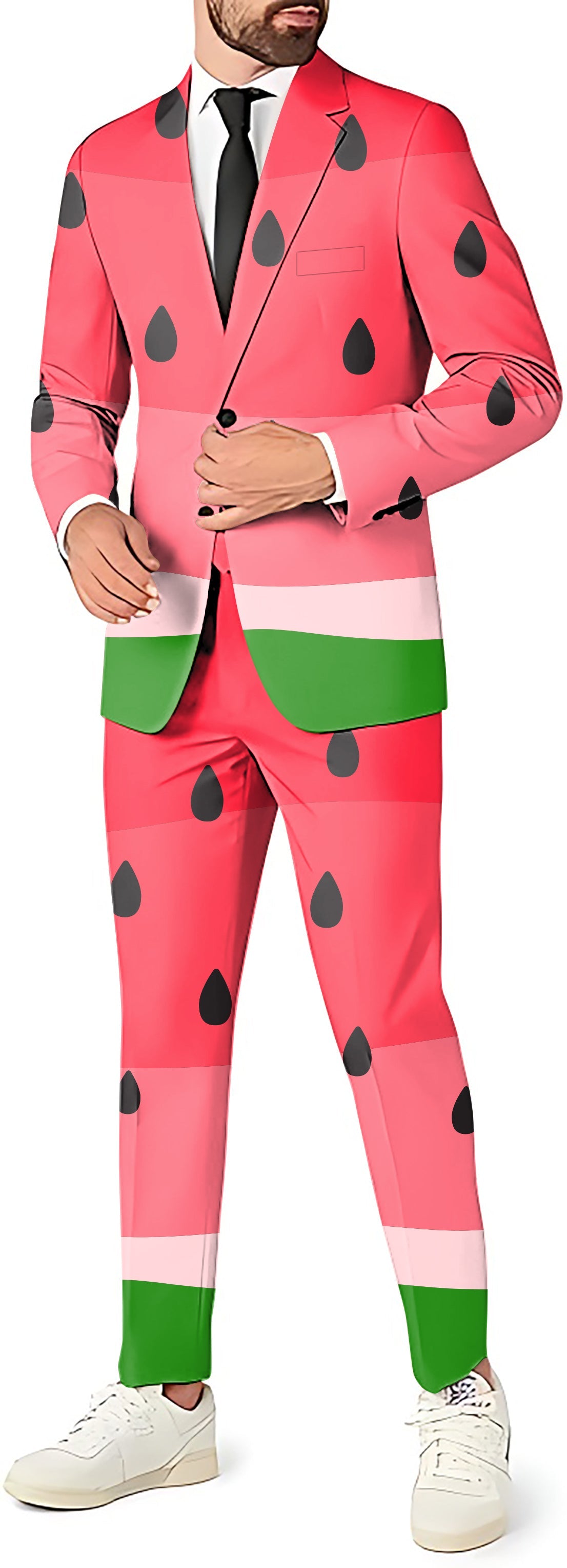 Men's watermelon themed party suit with blazer, pants, and vest in slim fit style