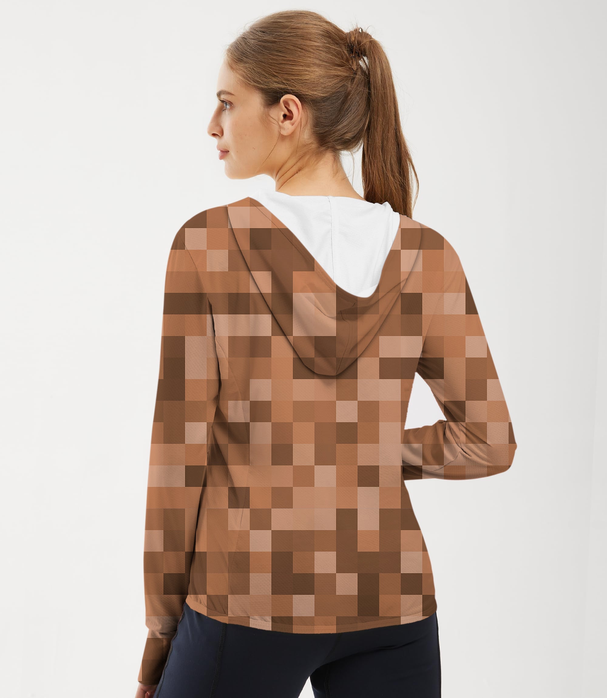 Women's outdoor brown pixel big golf sun protection slim fit zip hoodie with hood, lightweight and quick-dry fabric for summer activities