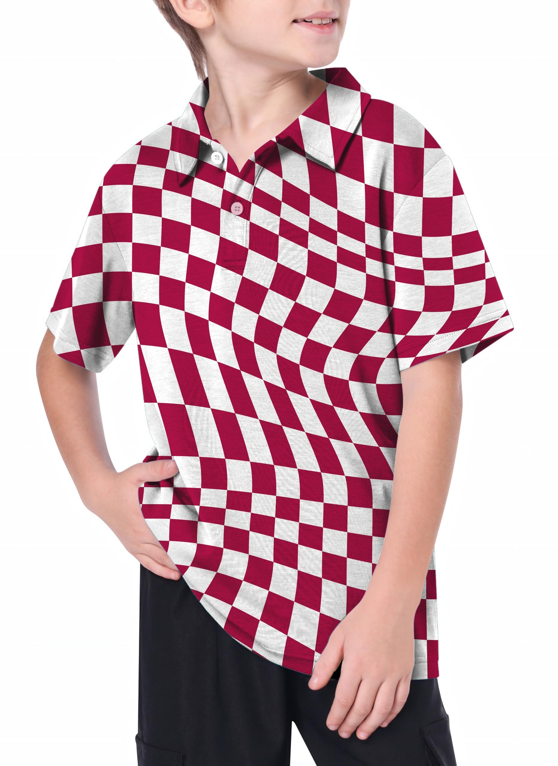 Youth Distorted space golf polo with red and white warped checkered pattern on a boy model