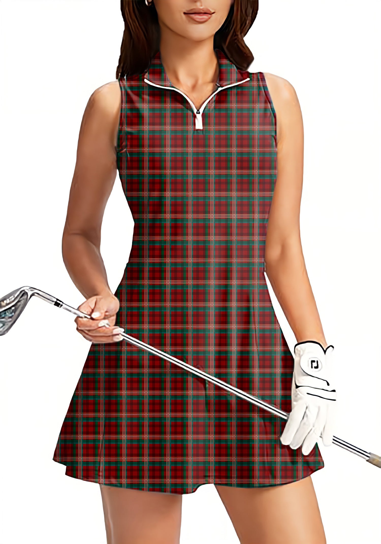 Women's sleeveless golf dress with zipper and built-in shorts in red plaid pattern