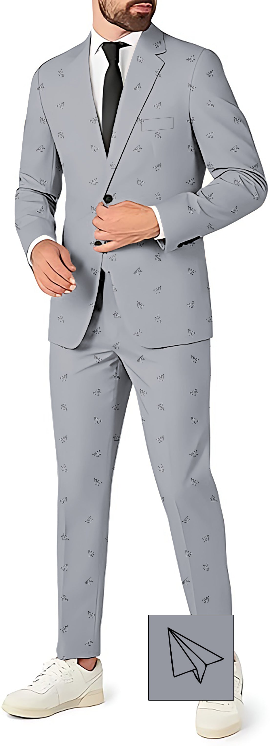 Men's paper airplanes themed custom blazer, pants, and vest suit set for parties and events