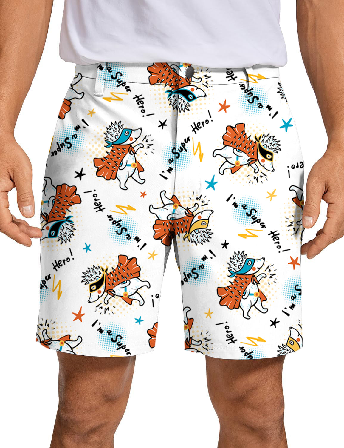 Men's golf shorts with playful hedgehog superhero print, lightweight and breathable fabric