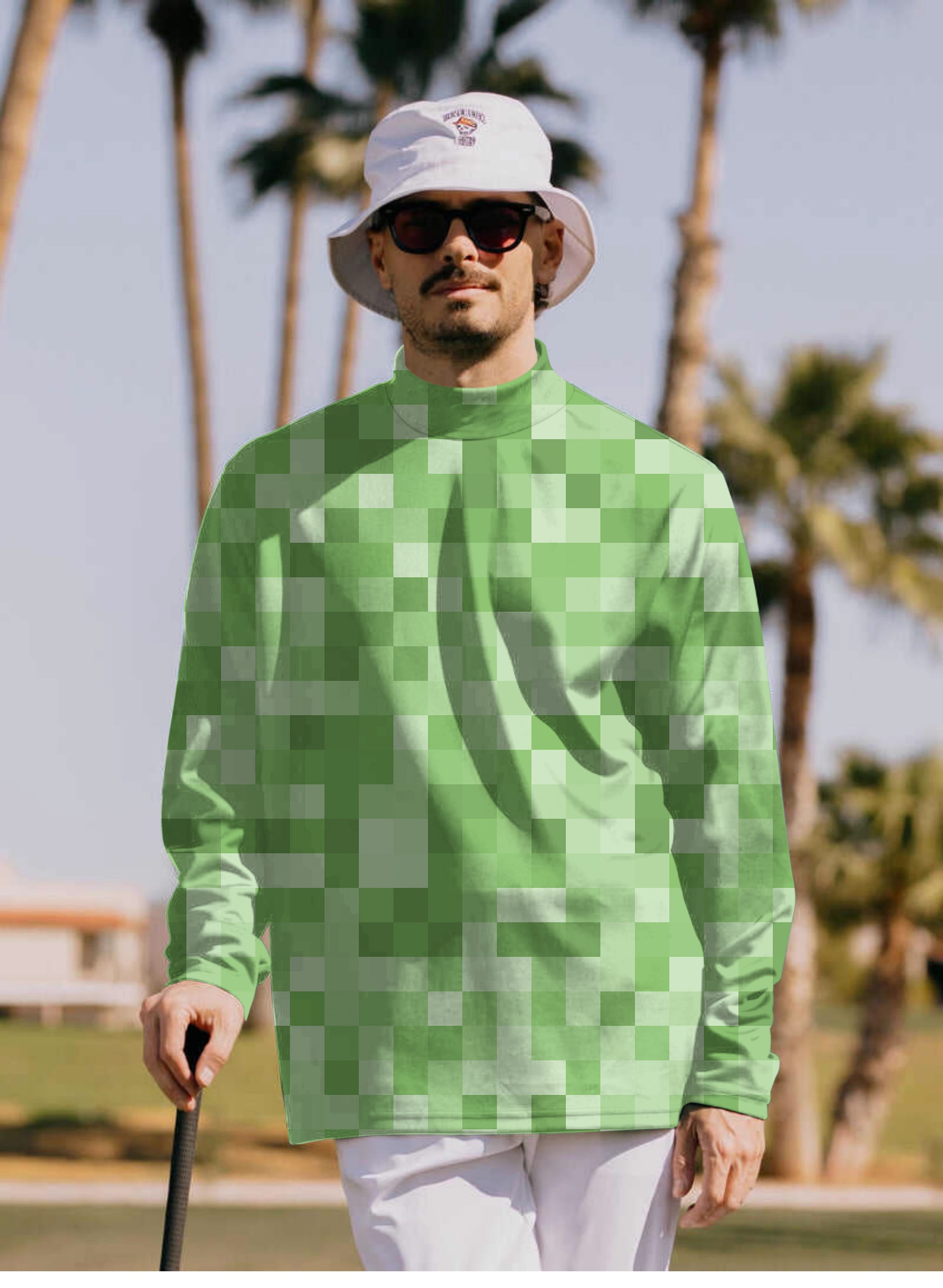 Men's light green pixel pullover high neck long sleeve T-shirt outdoors