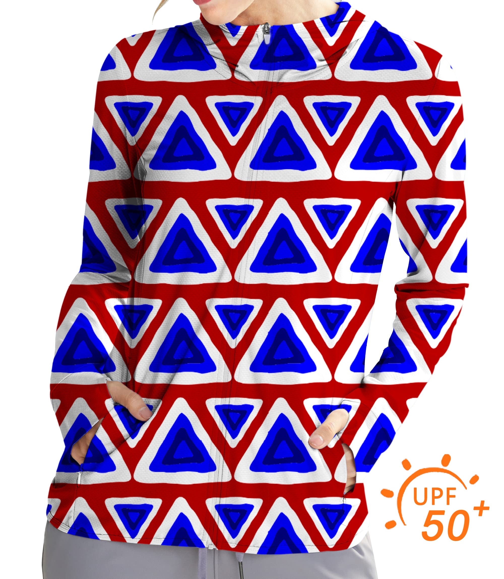 Women's outdoor slim fit zip hoodie with tribal triangle pattern and UPF 50+ sun protection