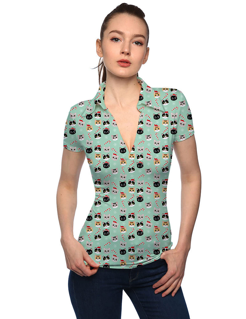 Women’s Christmas cat V Neck Golf Polo shirt with stand collar and short sleeves